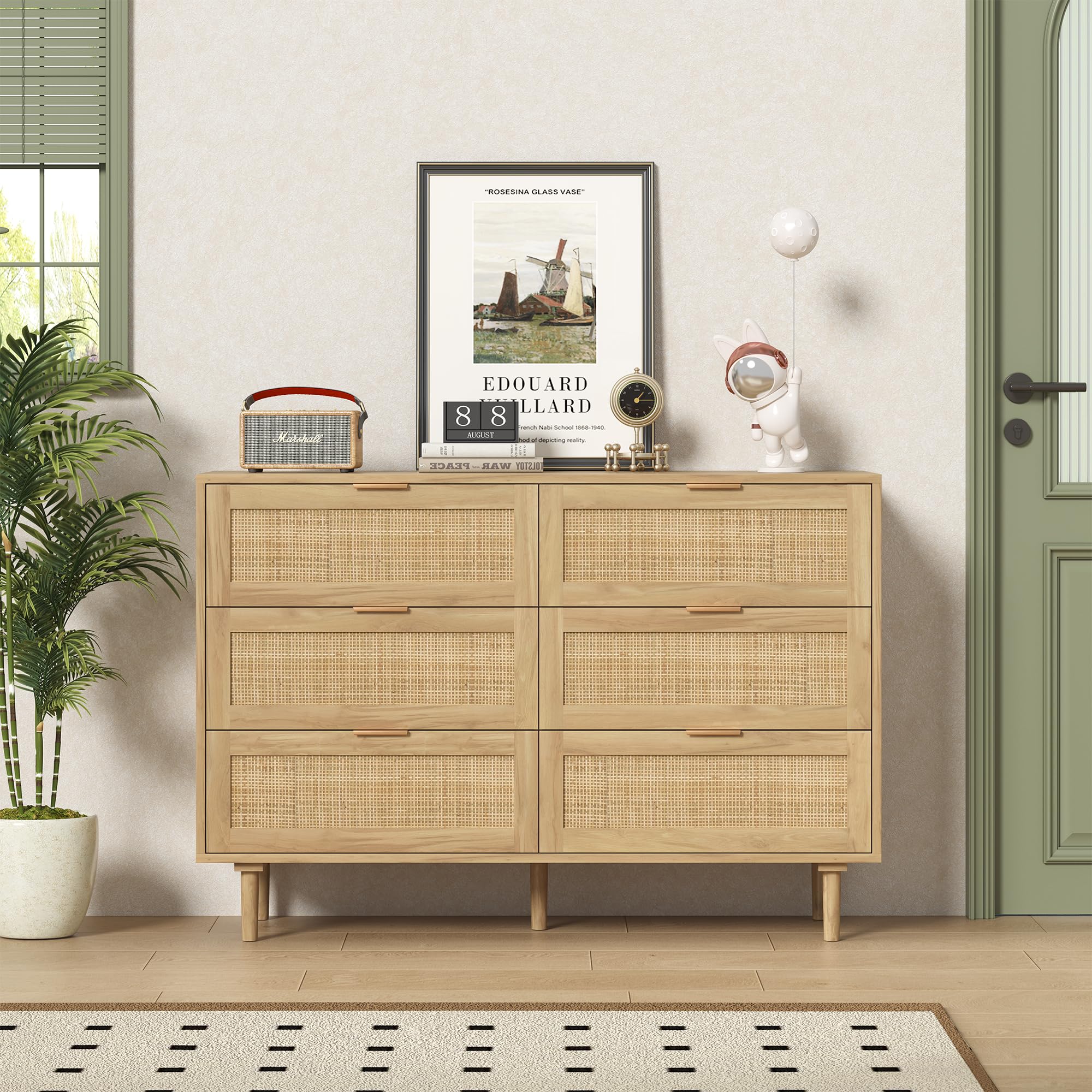 6 Drawer Rattan Dresser for Bedroom Wood Dresser for Closet