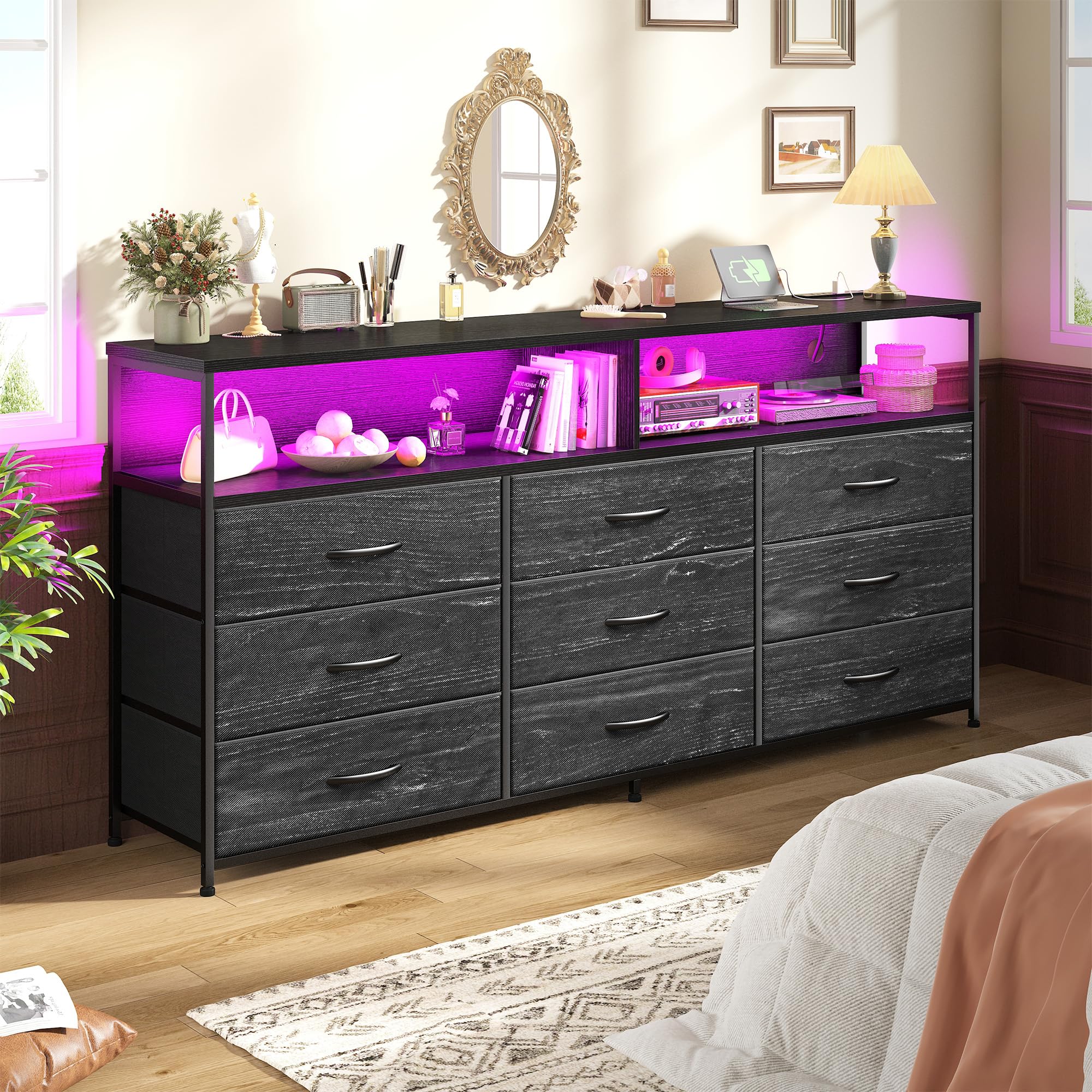 55" W Dresser for Bedroom with 9 Drawer, LED TV Stand with Power Outlets for 45