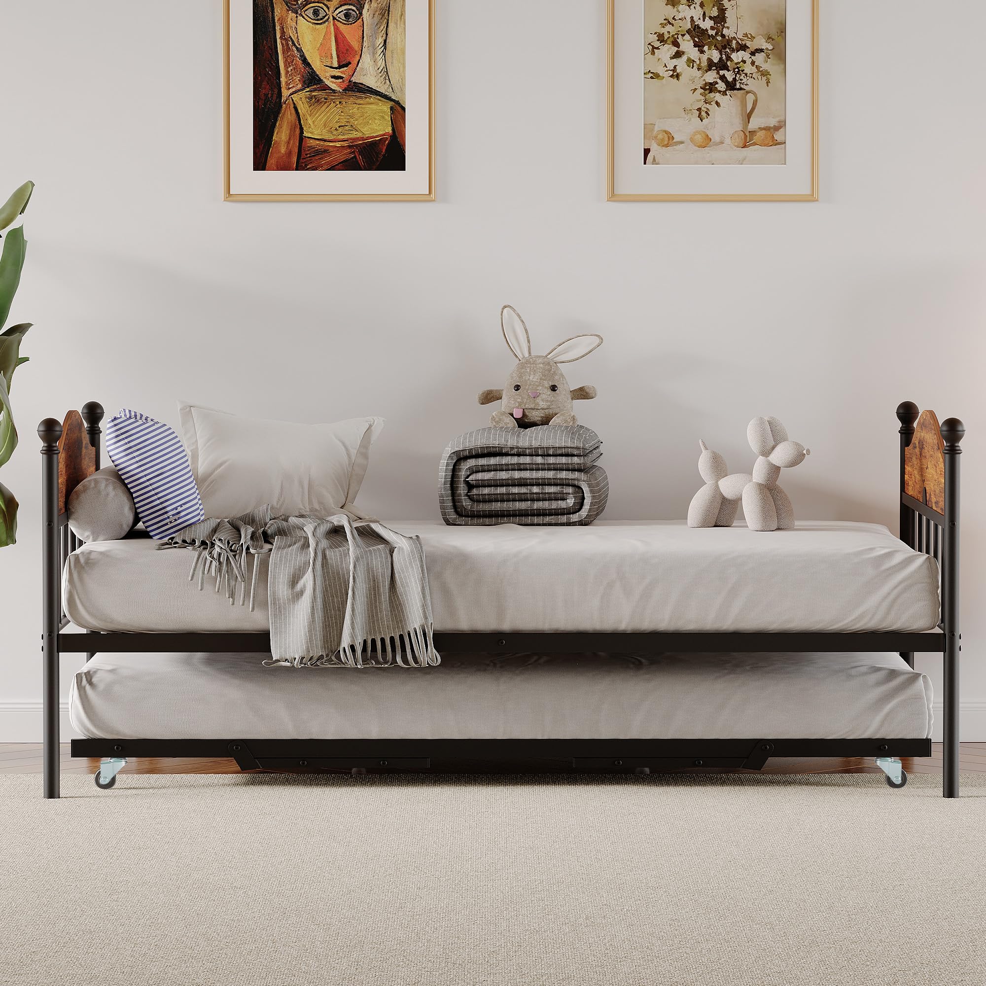 Trundle, Sturdy Metal Twin Size Day Bed with Stylish Headboard, Height Adjustable