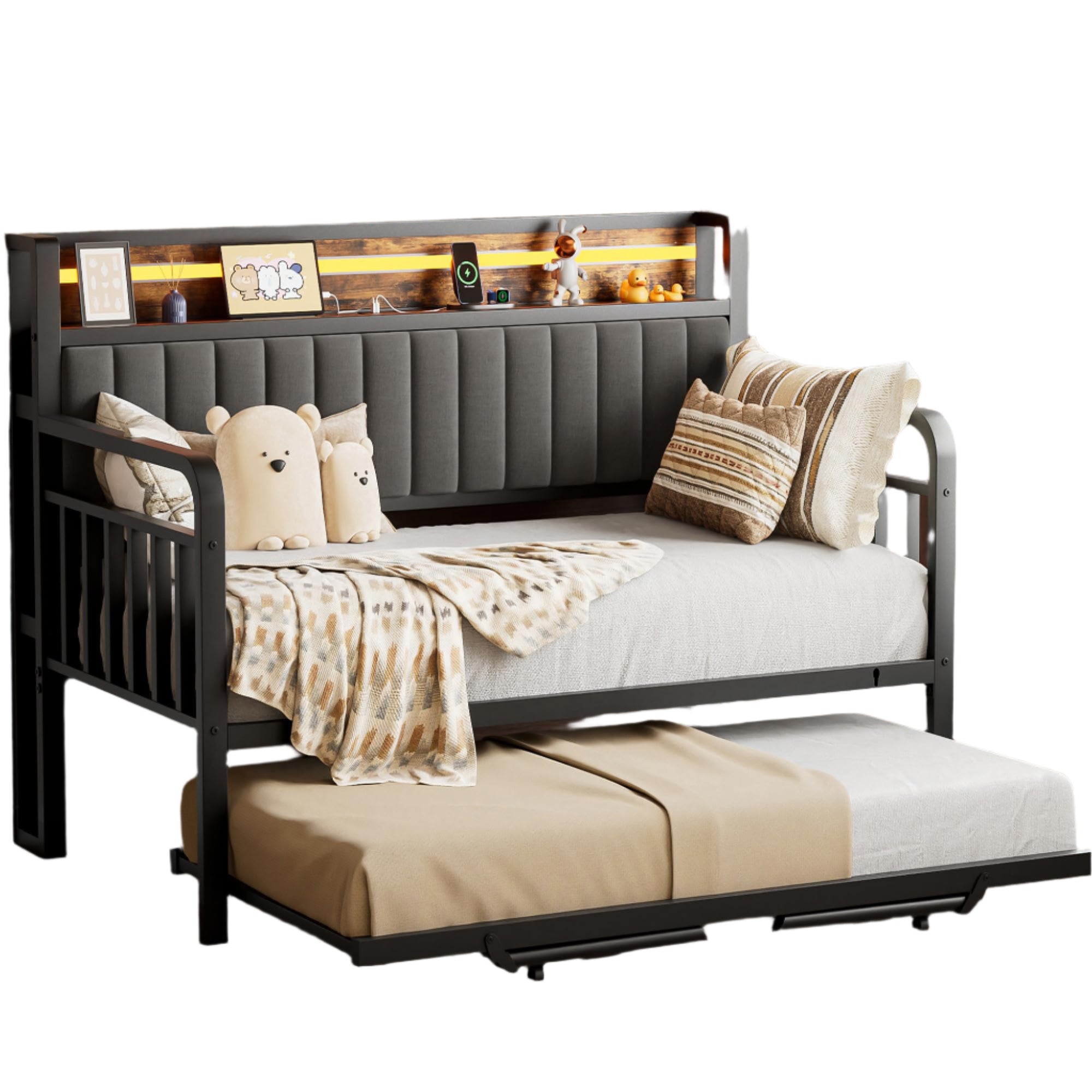 Trundle and LED Light, Heavy Duty Metal Twin Bed Frame with Upholstered Storage