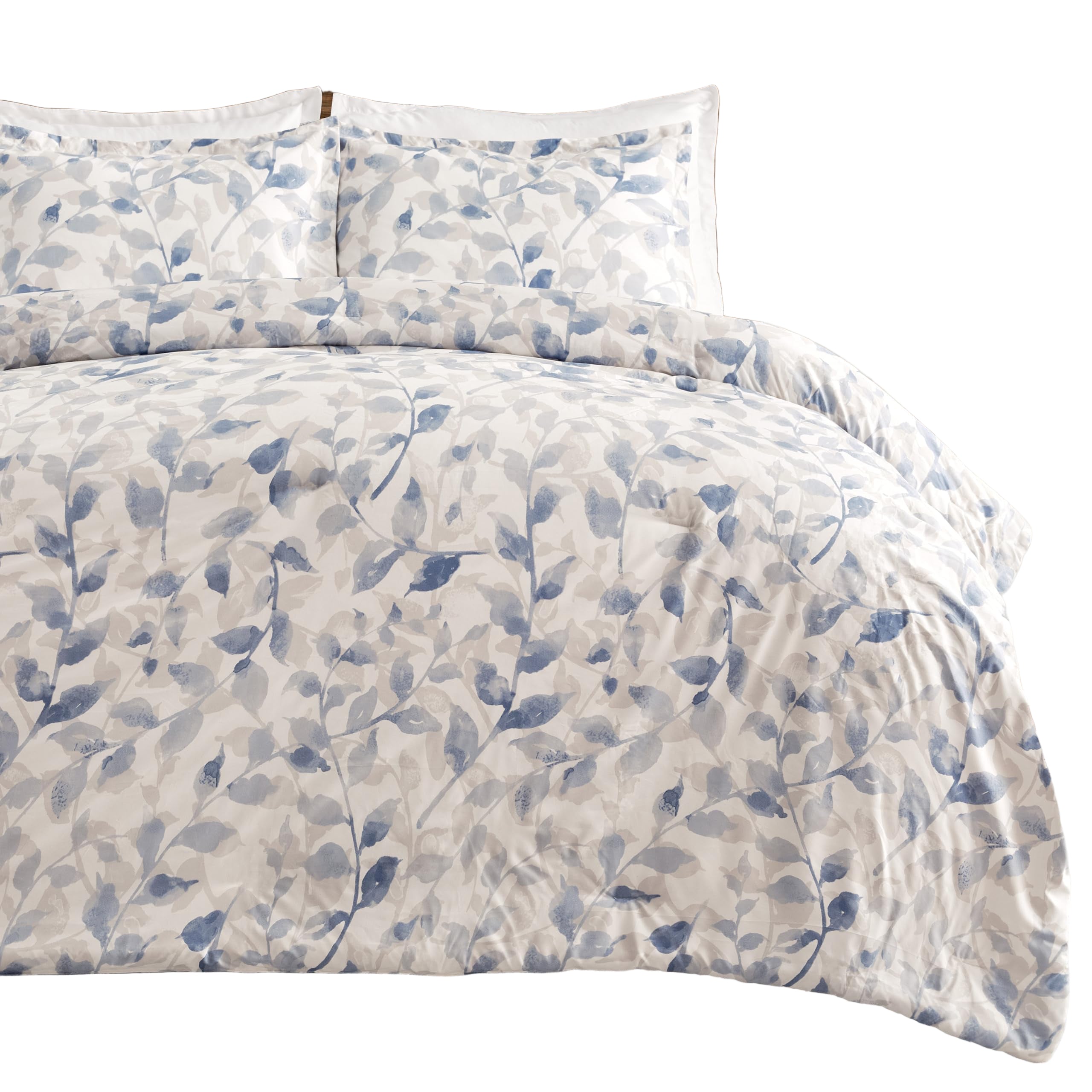Premium Layered Leaf King Comforter Set - Soft Blue Botanical Leaf Reversible