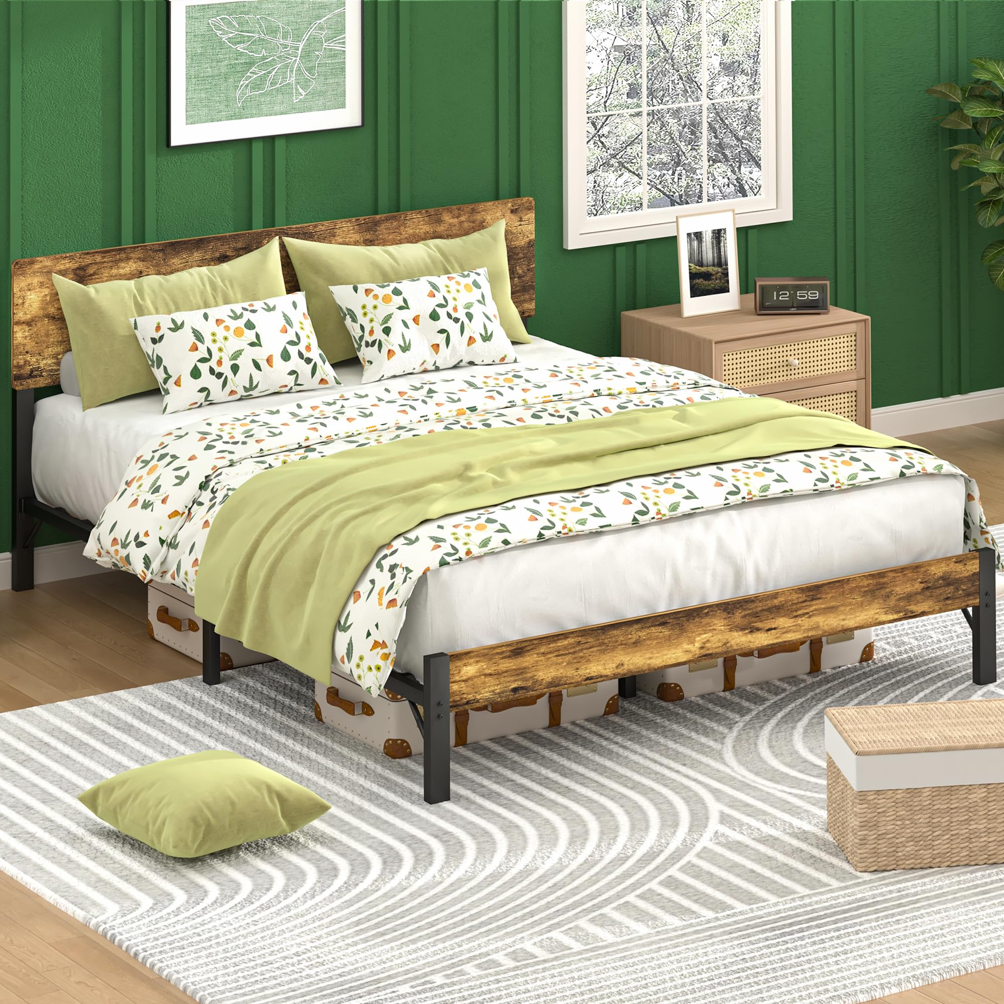 Queen Size Bed Frame with Headboard, Metal Platform Bed Frame