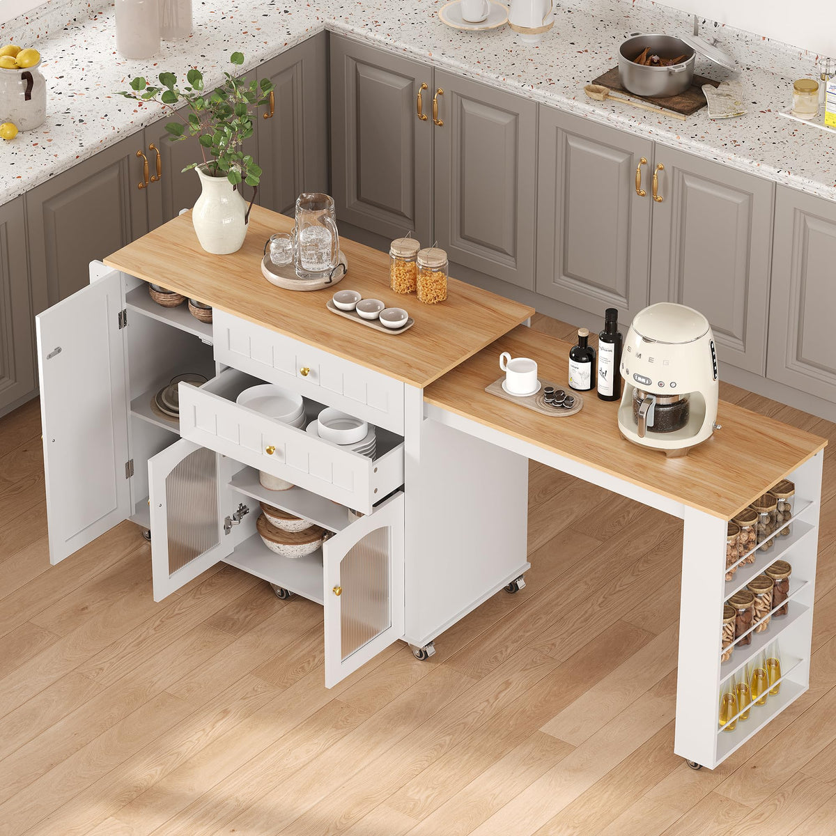 Rolling Kitchen Island with Extendable Table, Storage Cabinets & Drawers