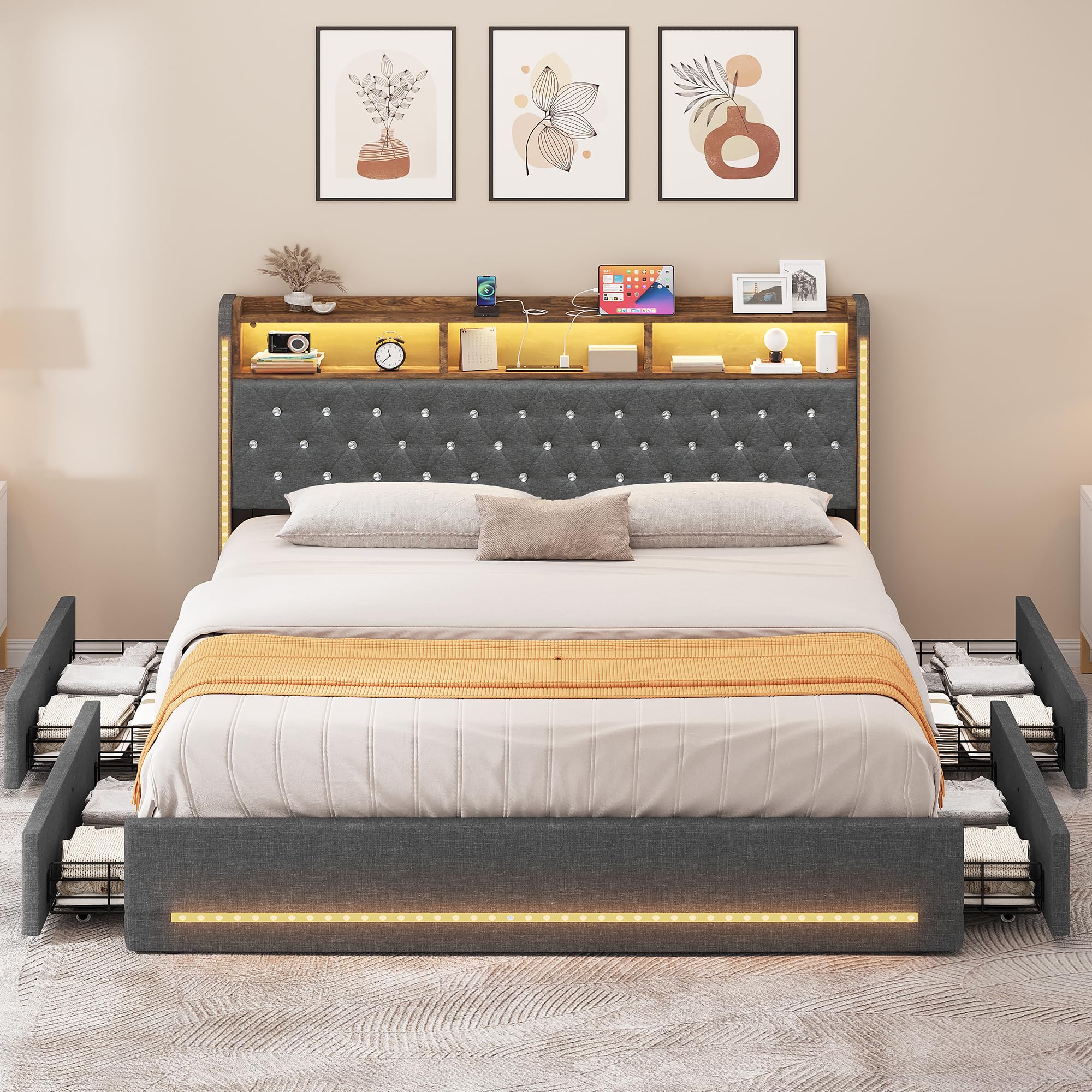 Queen Size Bed Frame with Storage Drawers, LED Bed Fram with Button Tufted
