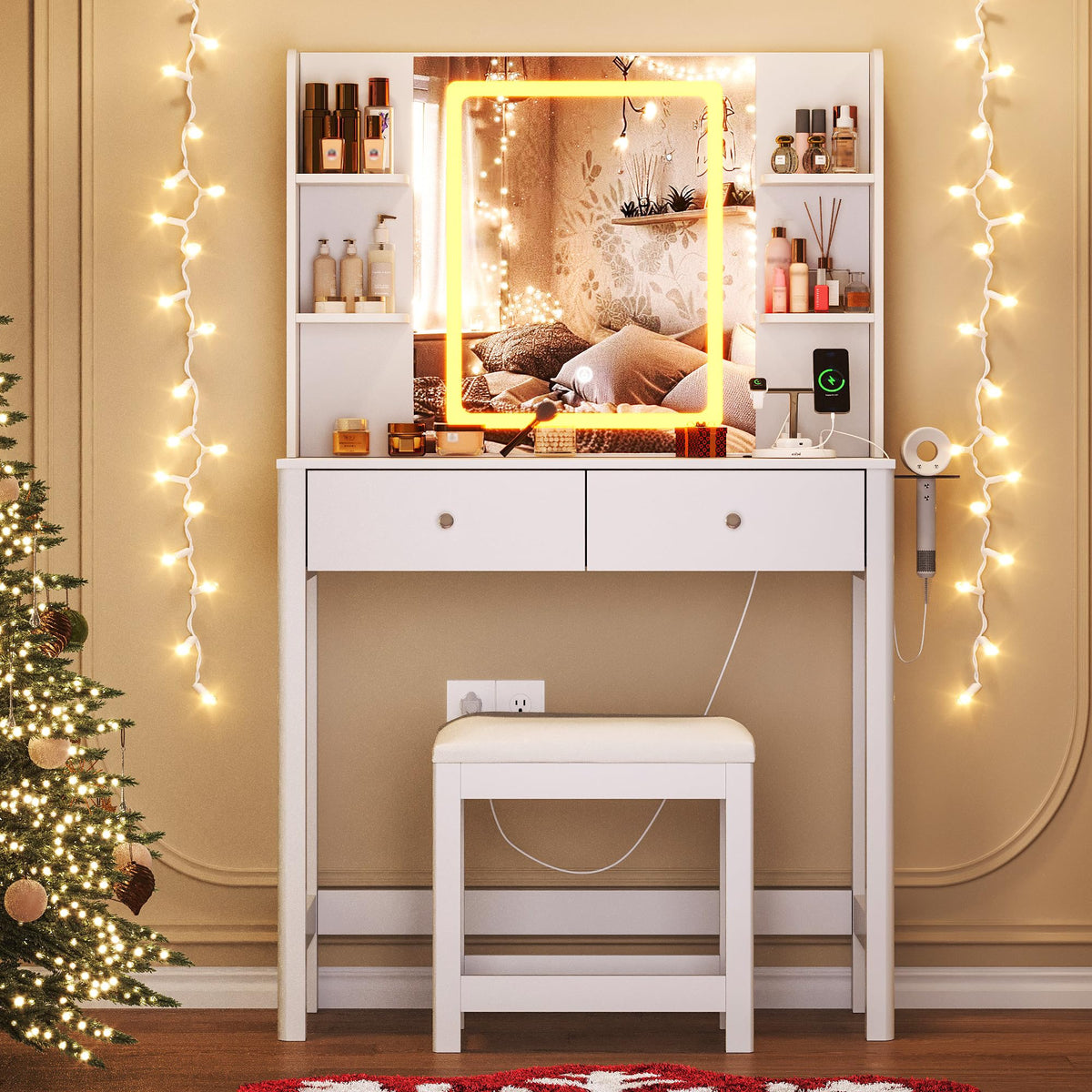 Vanity Desk Set with LED Mirror & Stool
