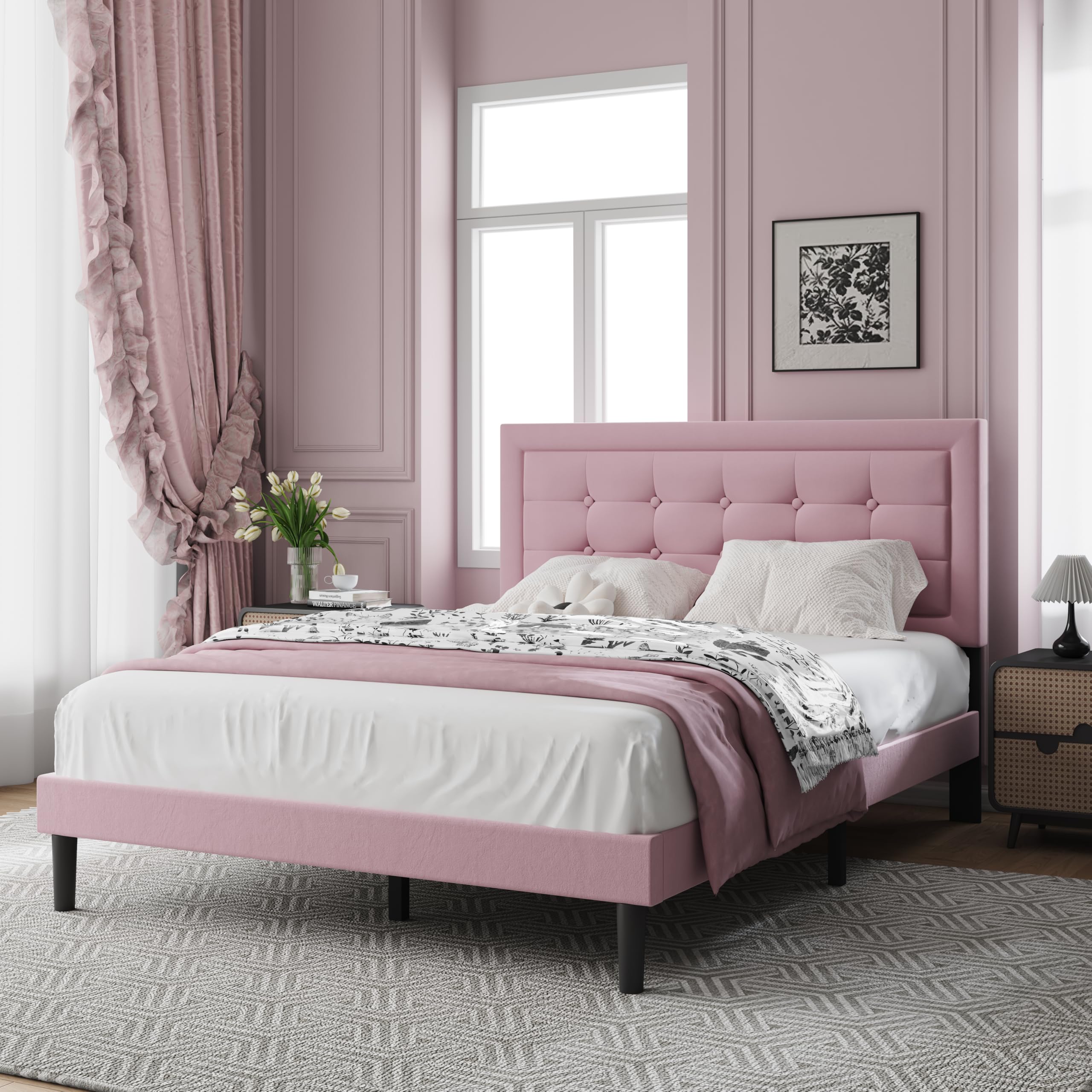 Size Upholstered Platform Bed, Full Size Frame with Tufted Button Headboard