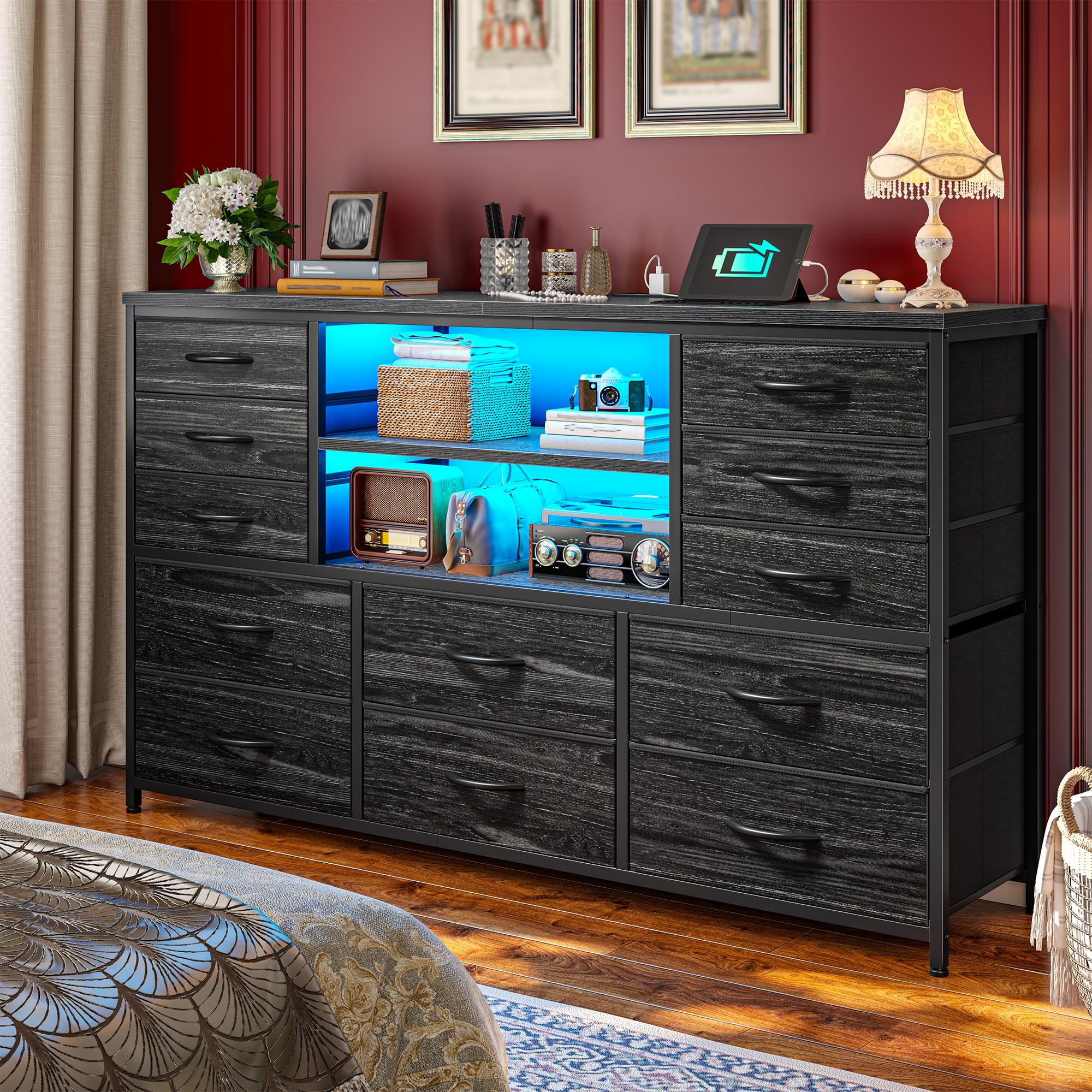 Black Dresser for Bedroom with 12 Drawers, with Charging Station & LED Lights for 55" TV