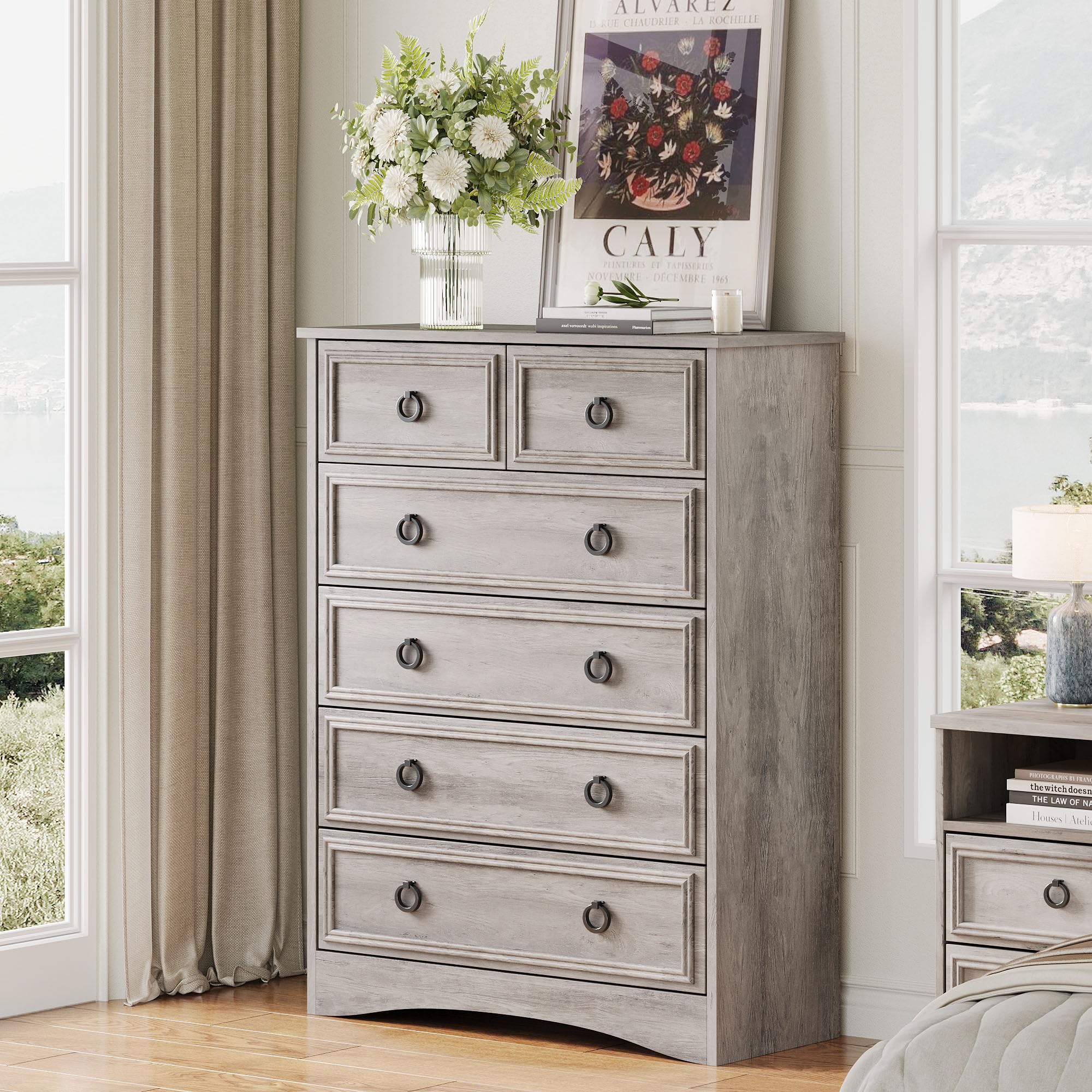 6 Drawer Dresser, 44" Tall Dresser for Bedroom, Wood Chests of Drawers Metal Ring Pull