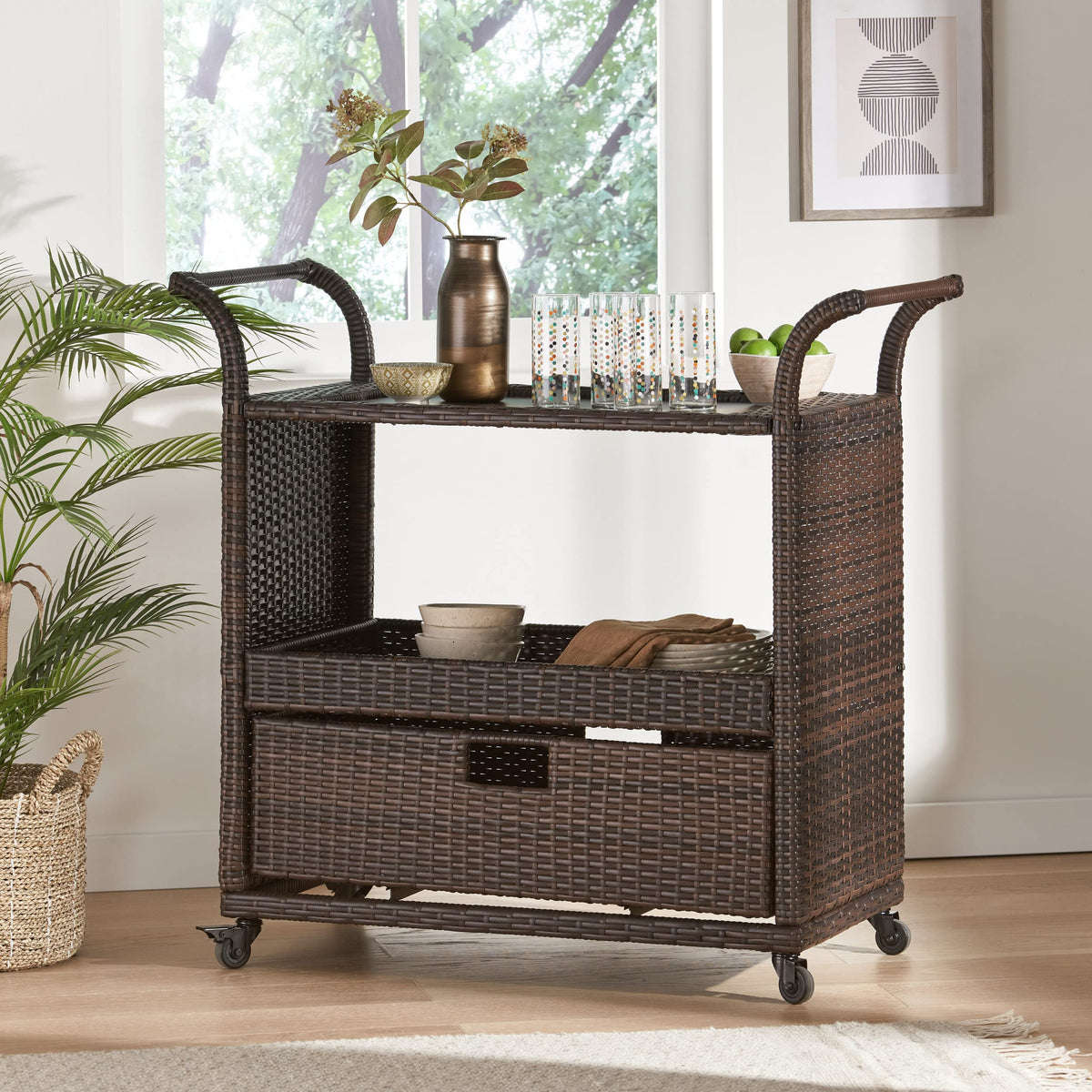 Wicker Bar Cart with Storage Drawer & Wheels