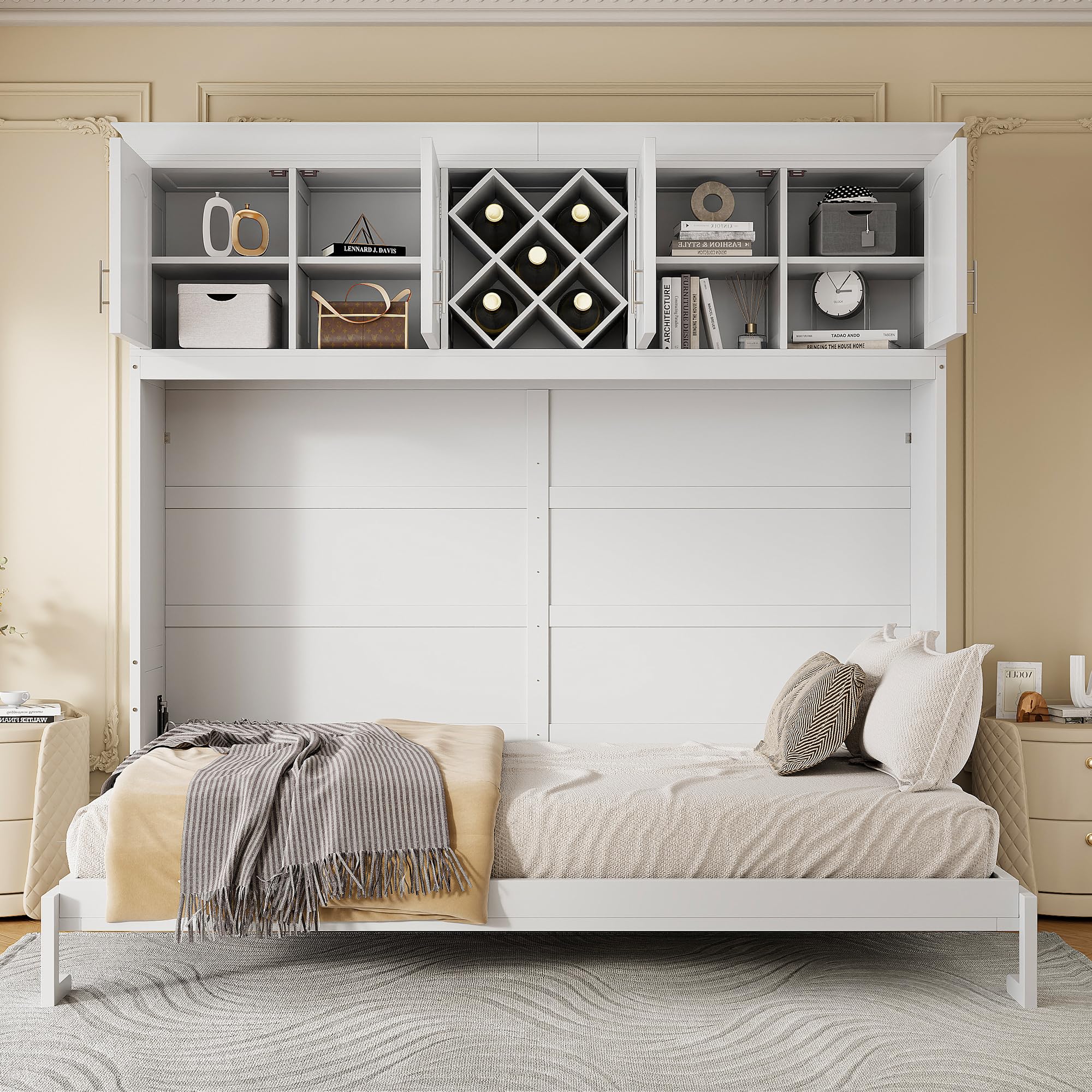 Queen Size Murphy Wall Bed, with Top Cabinets & Wine Rack Space