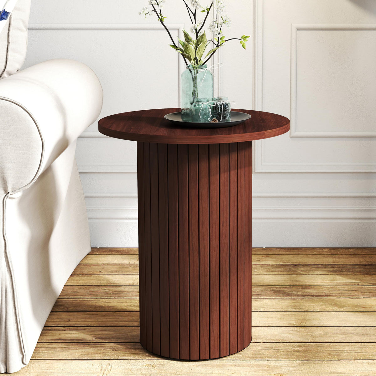 15.5" Round Fluted Tambour Drum Side Table – Brown