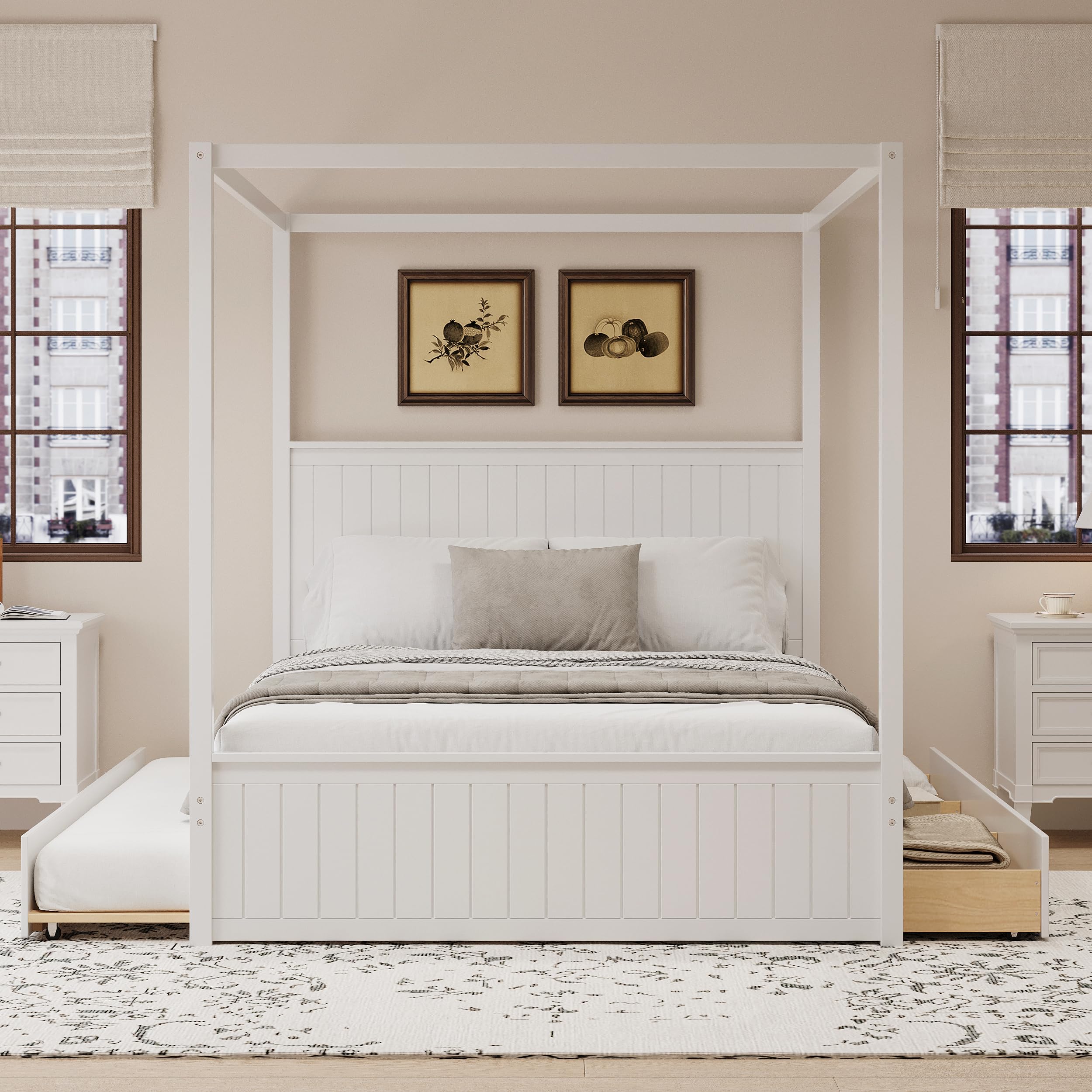 Canopy Bed Frame Queen Size, Canopy Bed with Trundle and 3 Storage Drawers