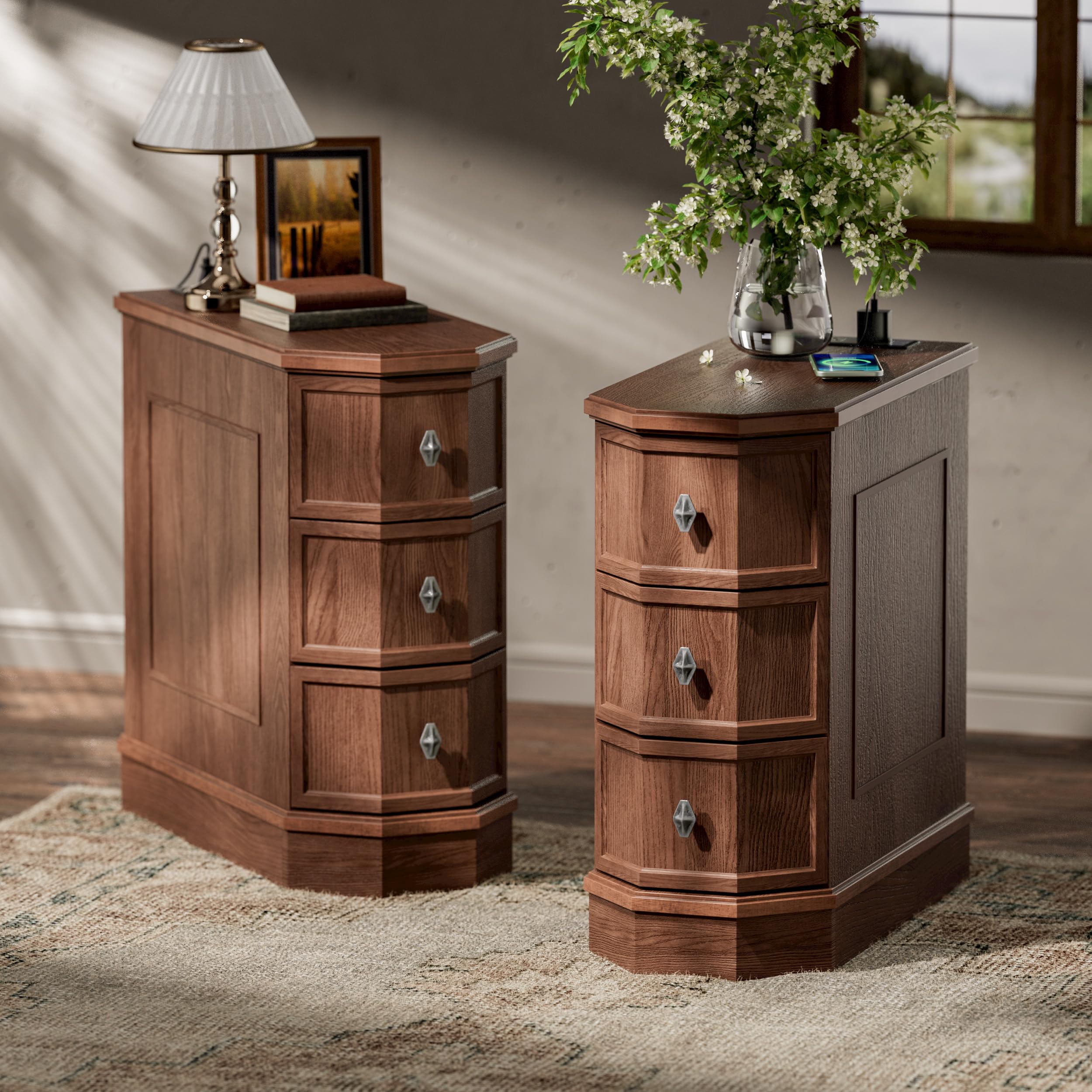 Nightstand Set of 2 with Charging Station, Vintage Wood End Table with 3 Drawer