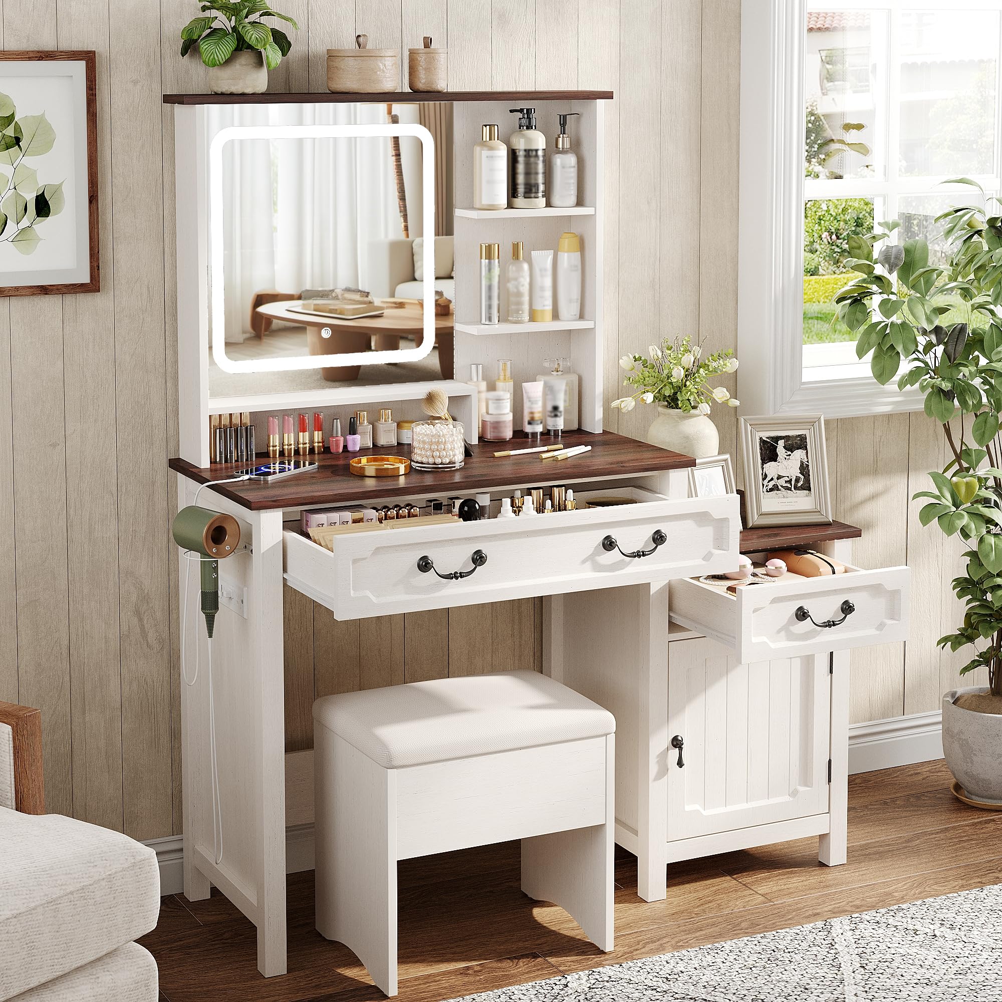 Farmhouse Makeup Vanity Desk with LED-Light Mirror with Charging Station