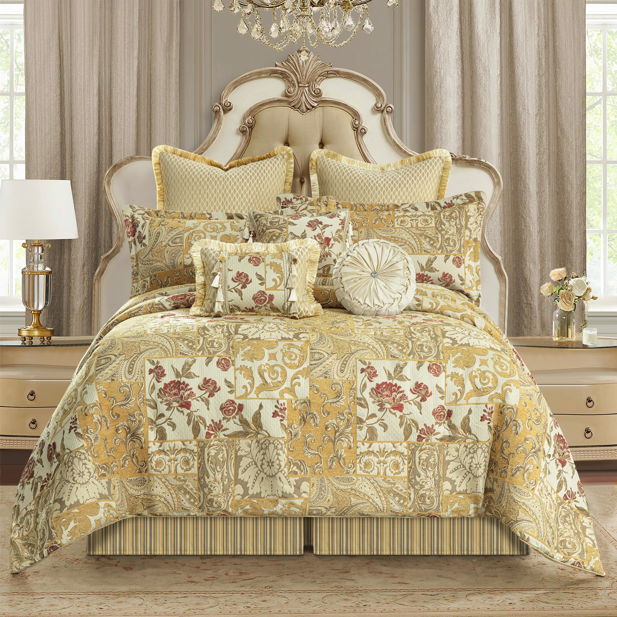 9-Piece Comforter Set Patchwork Design, Jacquard Floral Comforter Set Queen Size