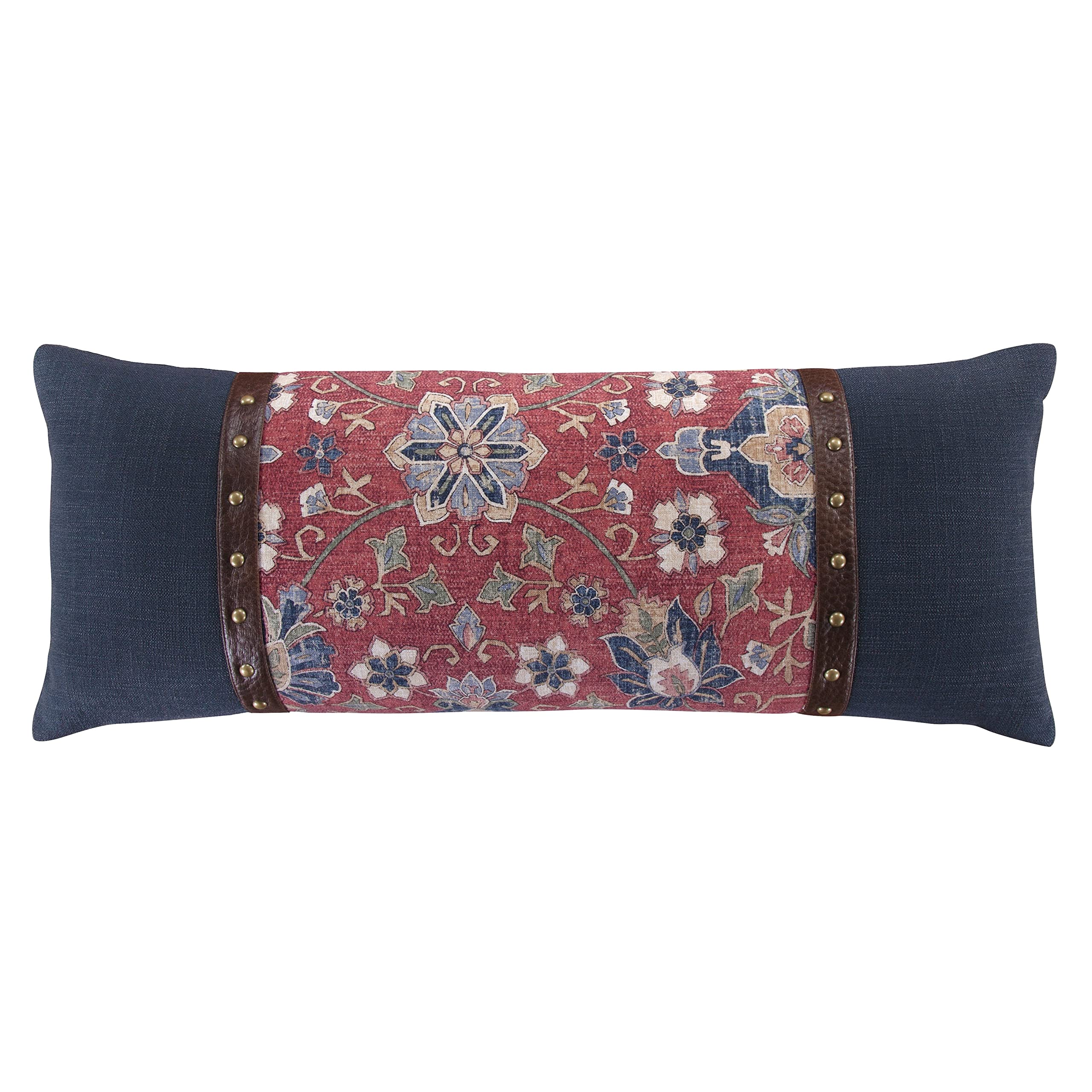 Washed Linen Melinda Lumbar Floral Pillow, 14x36 inch, Navy Blue and Red