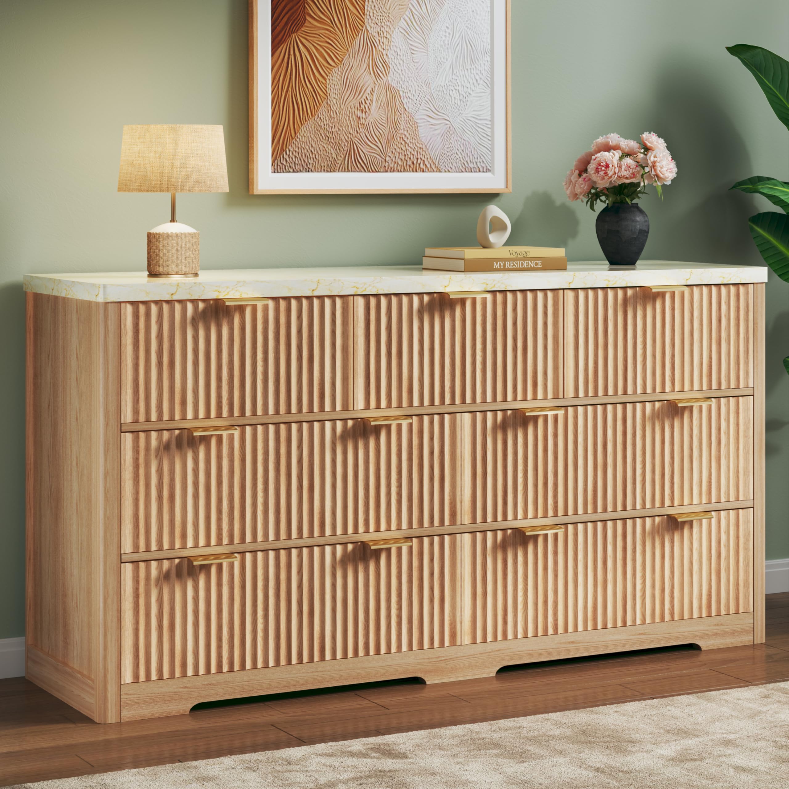 Fluted Dresser for Bedroom with 7 Drawers, 53'' Modern Dressers with Faux Marble Top
