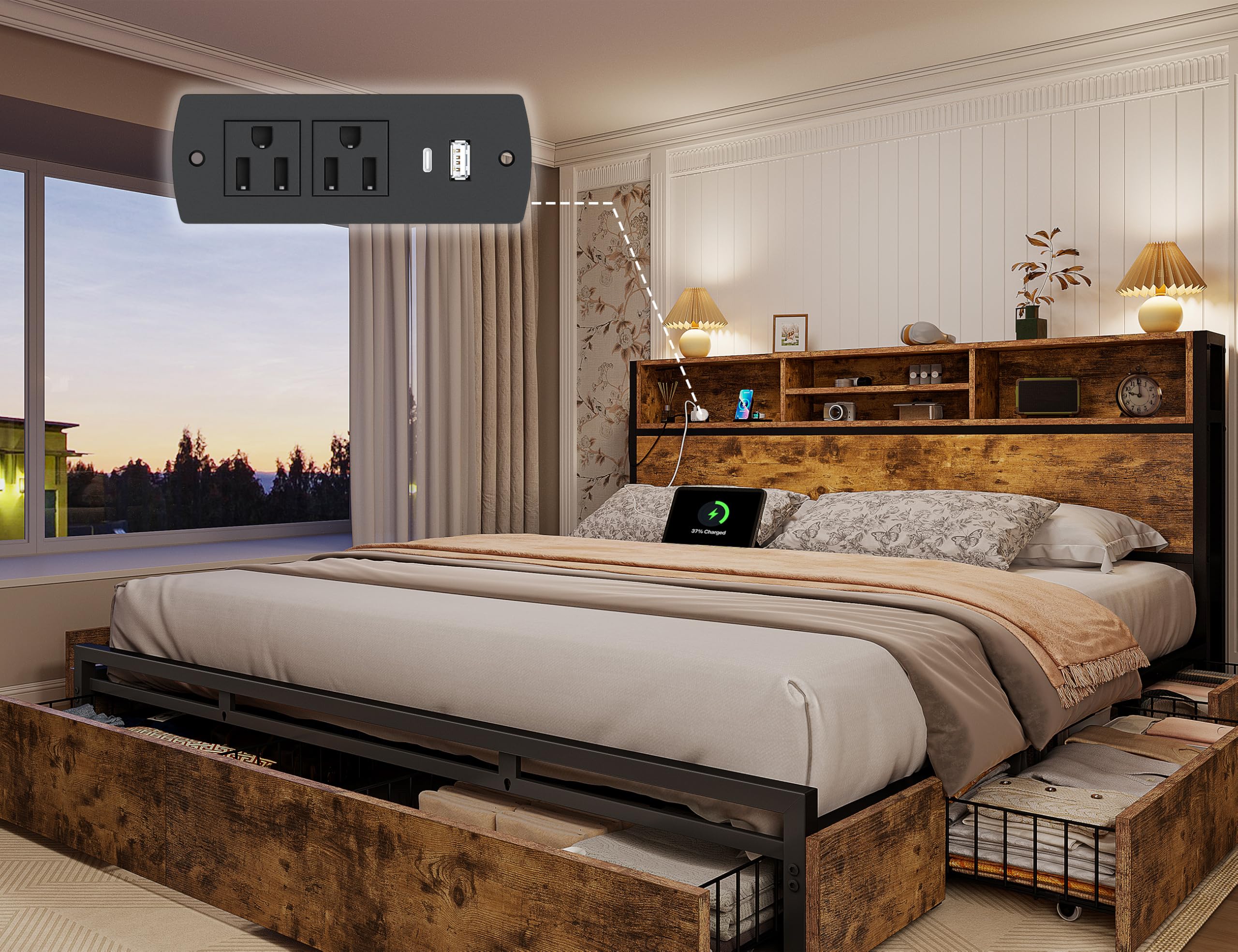 King Size Bed Frame with 6 Storage Drawers King Bed Frame and Headboard