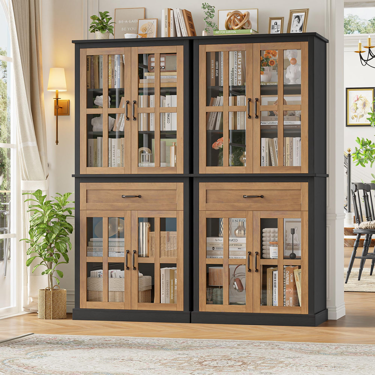 Tall Kitchen Pantry Cabinet with Glass Doors & Drawer