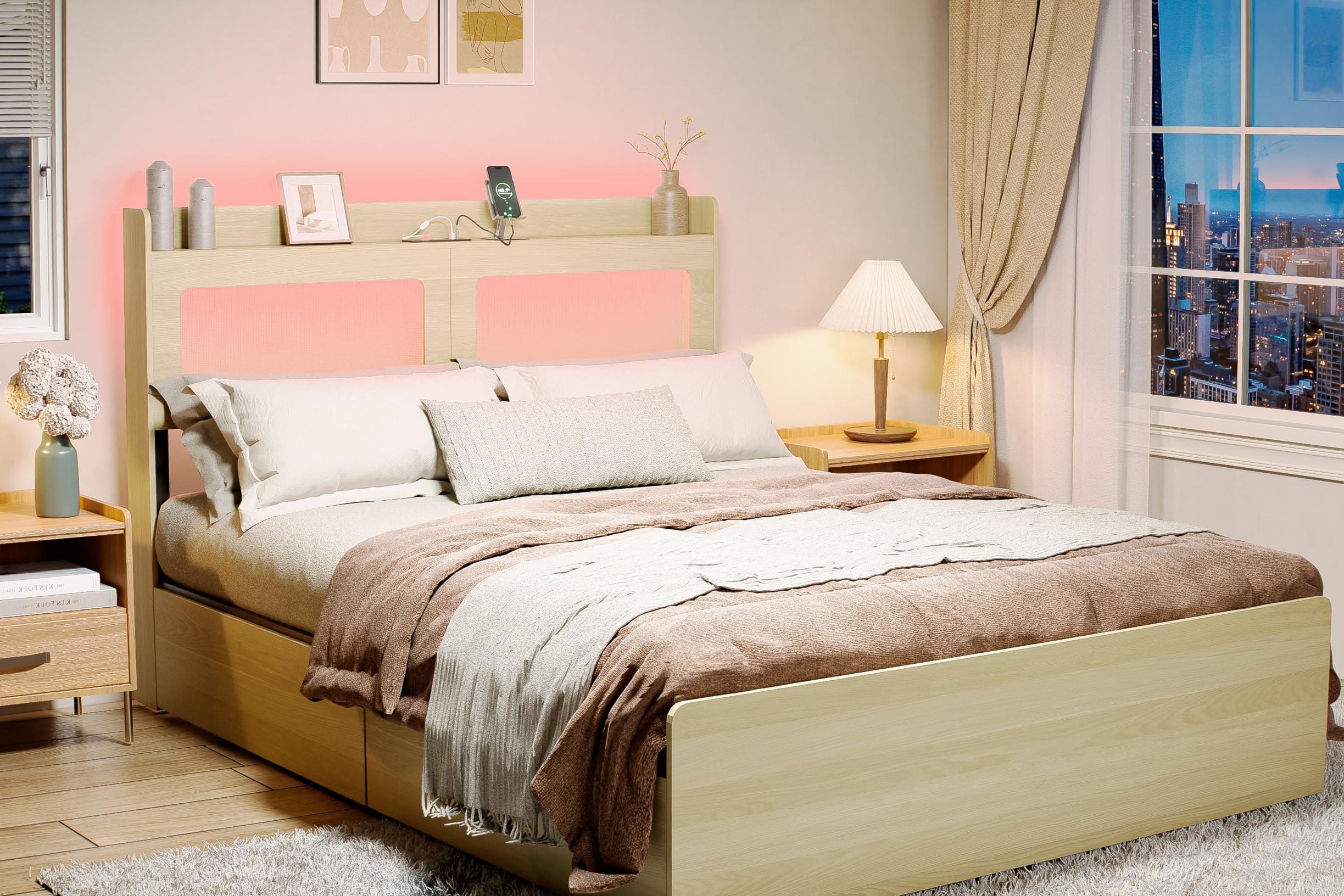 Natural Rattan Queen Bed Frame with Colorful LED Light