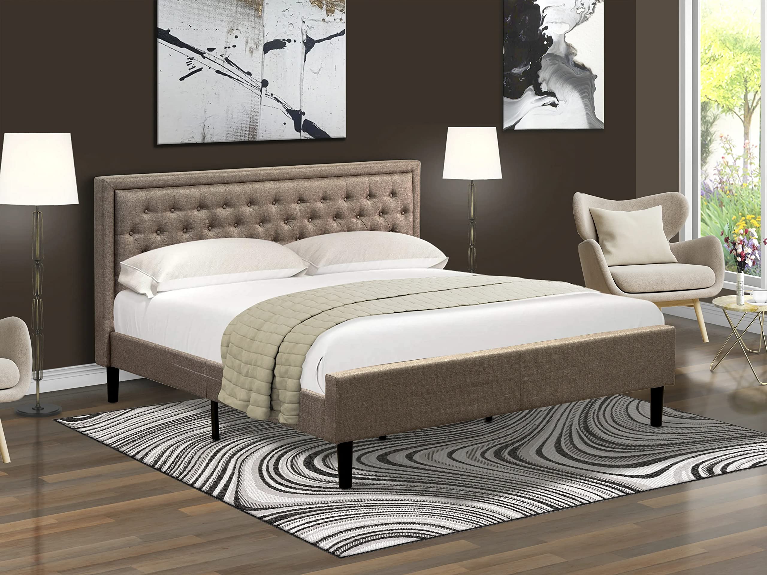 Platform King Size Bed - Dark Khaki Linen Fabric Upholstered Bed Headboard