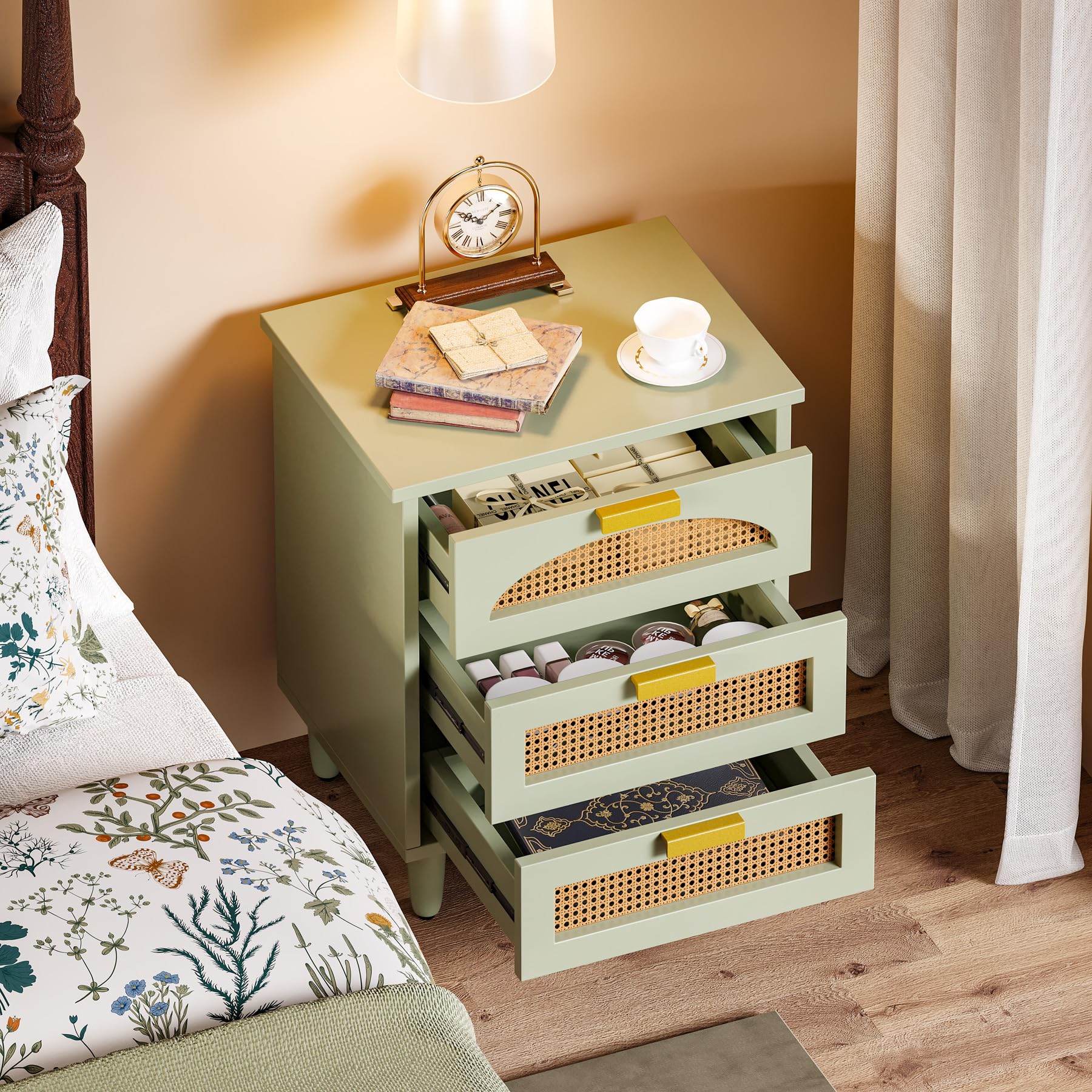 Rattan Nightstand, Mint Green End Table with 3 Drawers for Couch