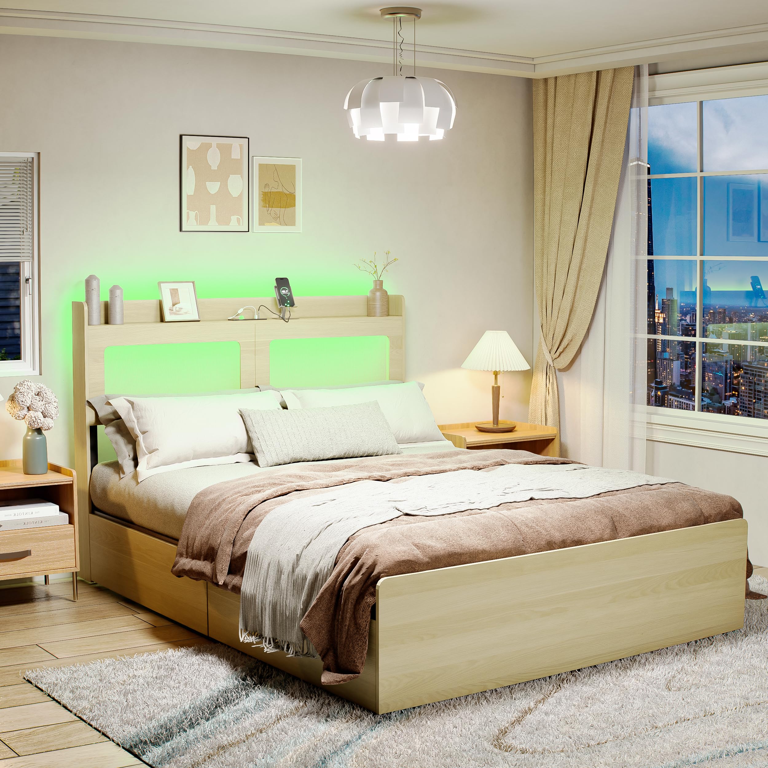 Natural Rattan Queen Bed Frame with Colorful LED Light