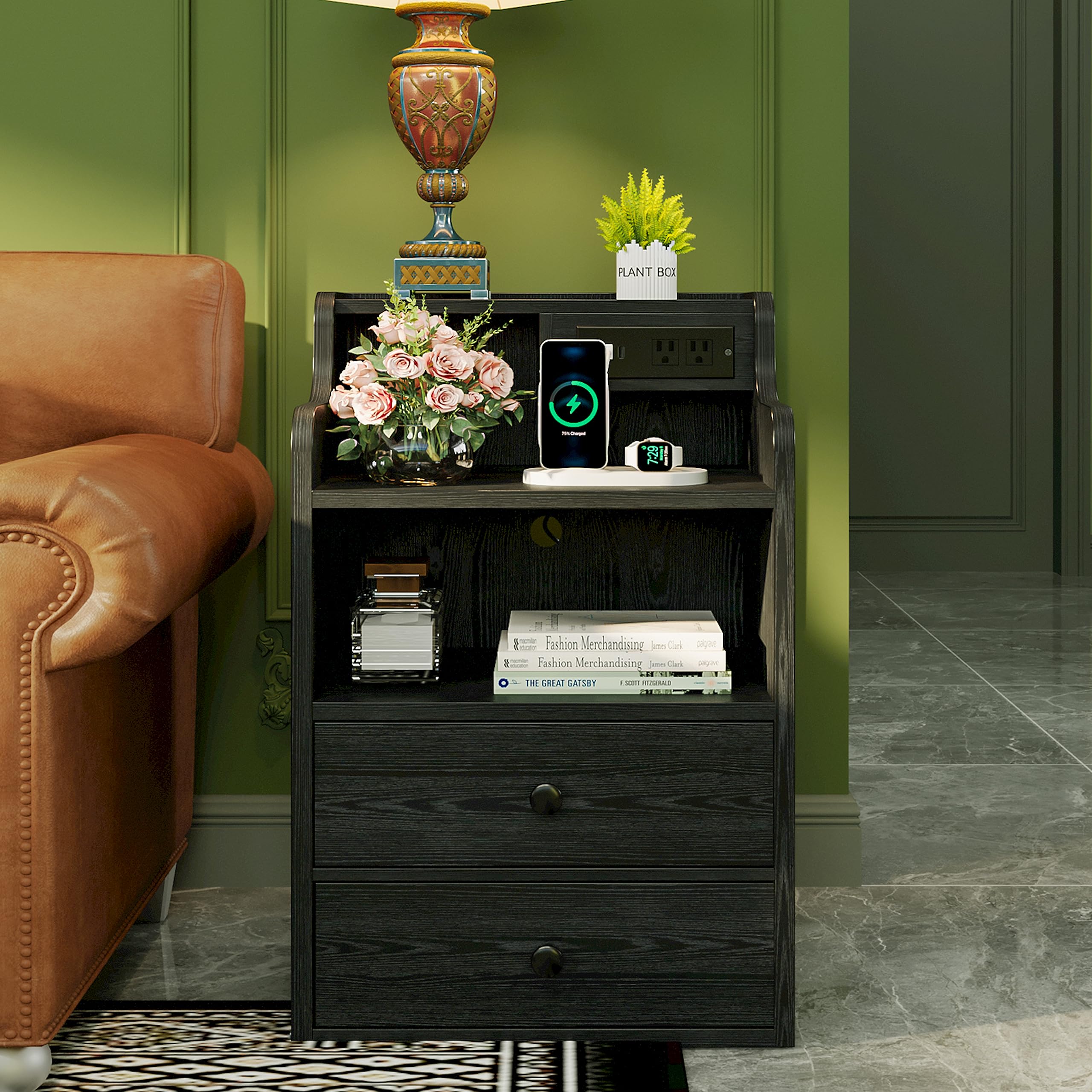 Black Nightstand with LED Charging Station 2 Drawers and Storage Shelves
