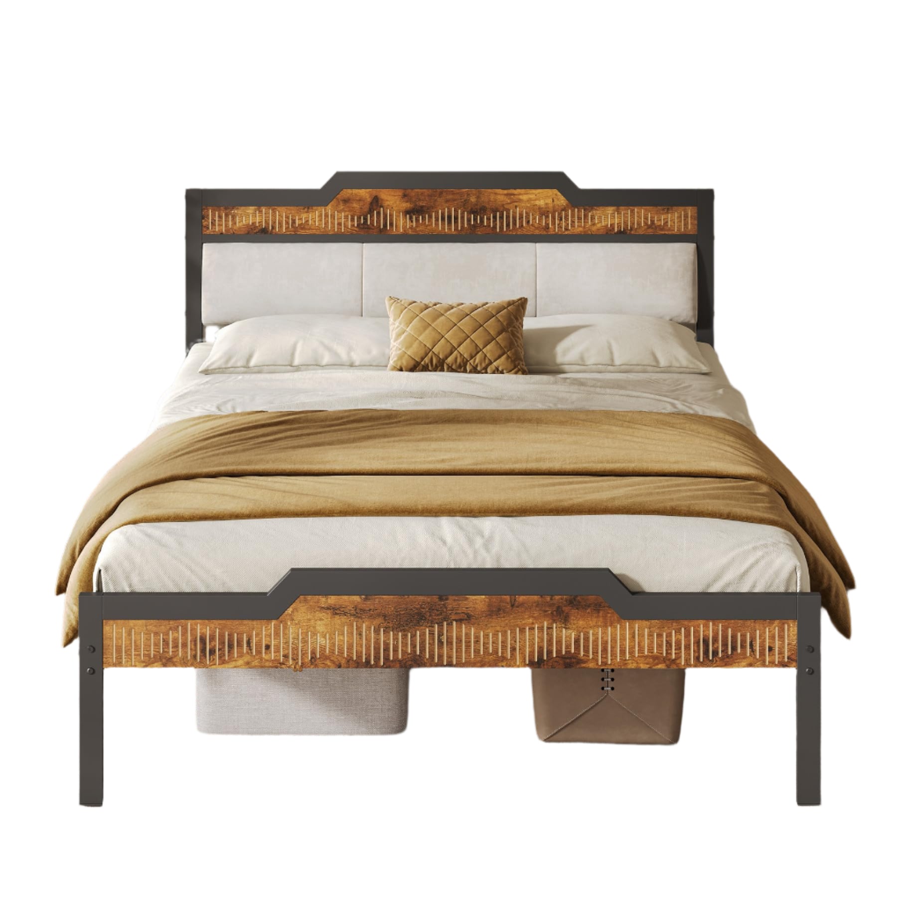 Queen Bed Frame, Wooden & Upholstered Headboard and Footboard