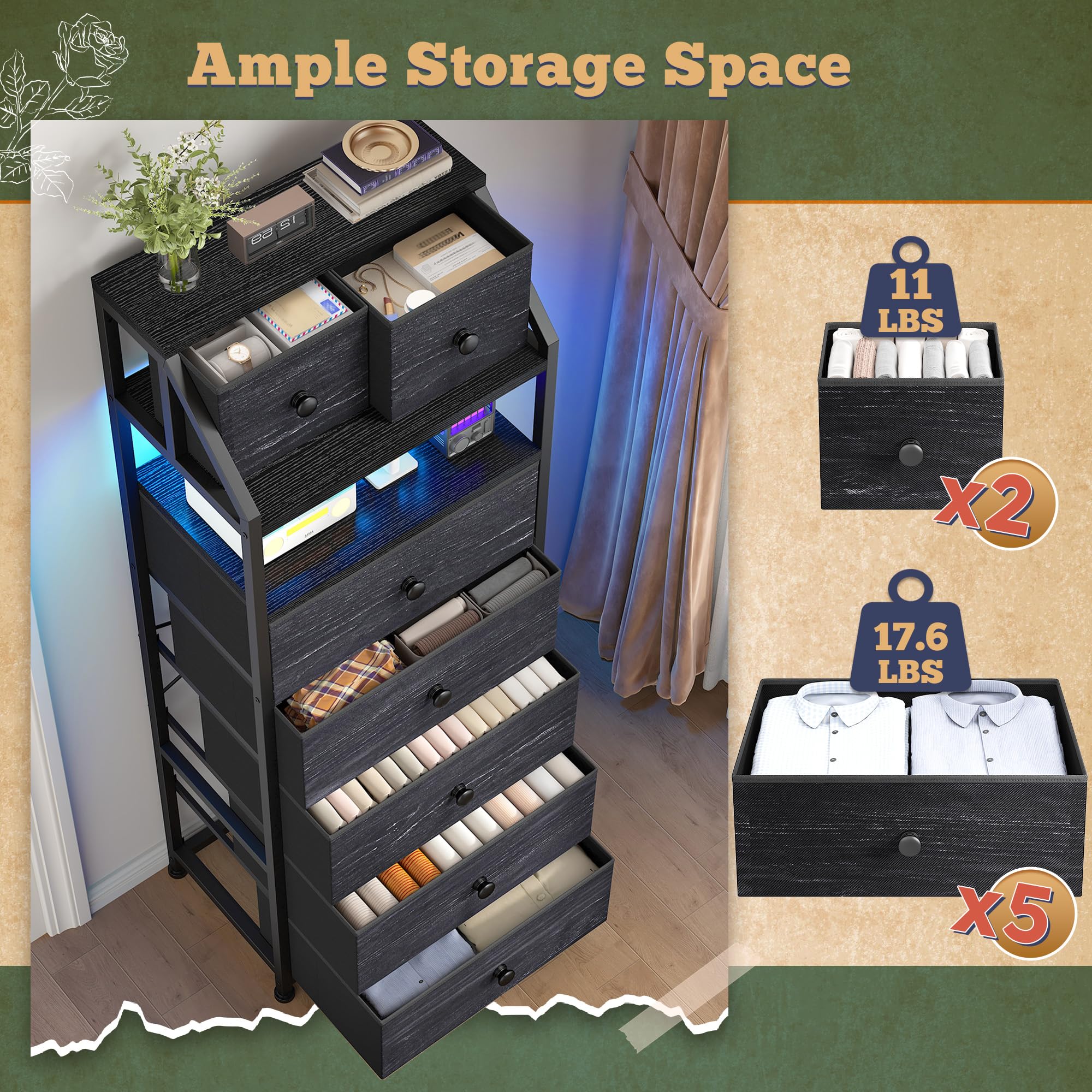 EnHomee 51.2" H Tall Dresser for Bedroom with LED Lights, Night Stand with 7 Drawers, Dressers & Chests of Drawers with Open Wood Shelf, Metal Frame, Bedside Table with Fabric Storage Bins, Black