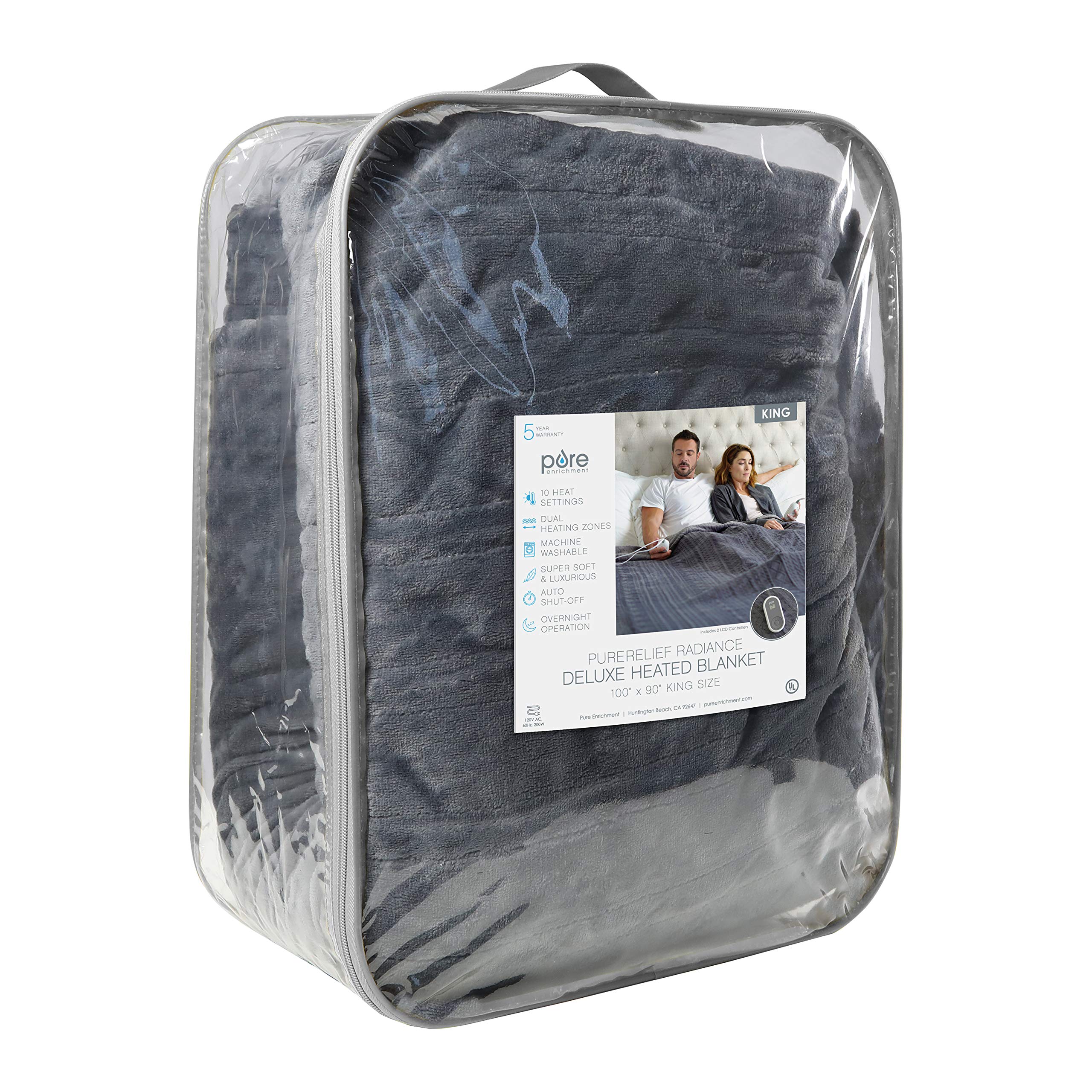 PureRelief Deluxe Heated Blanket - 10 Heat Settings, Super Soft Micromink
