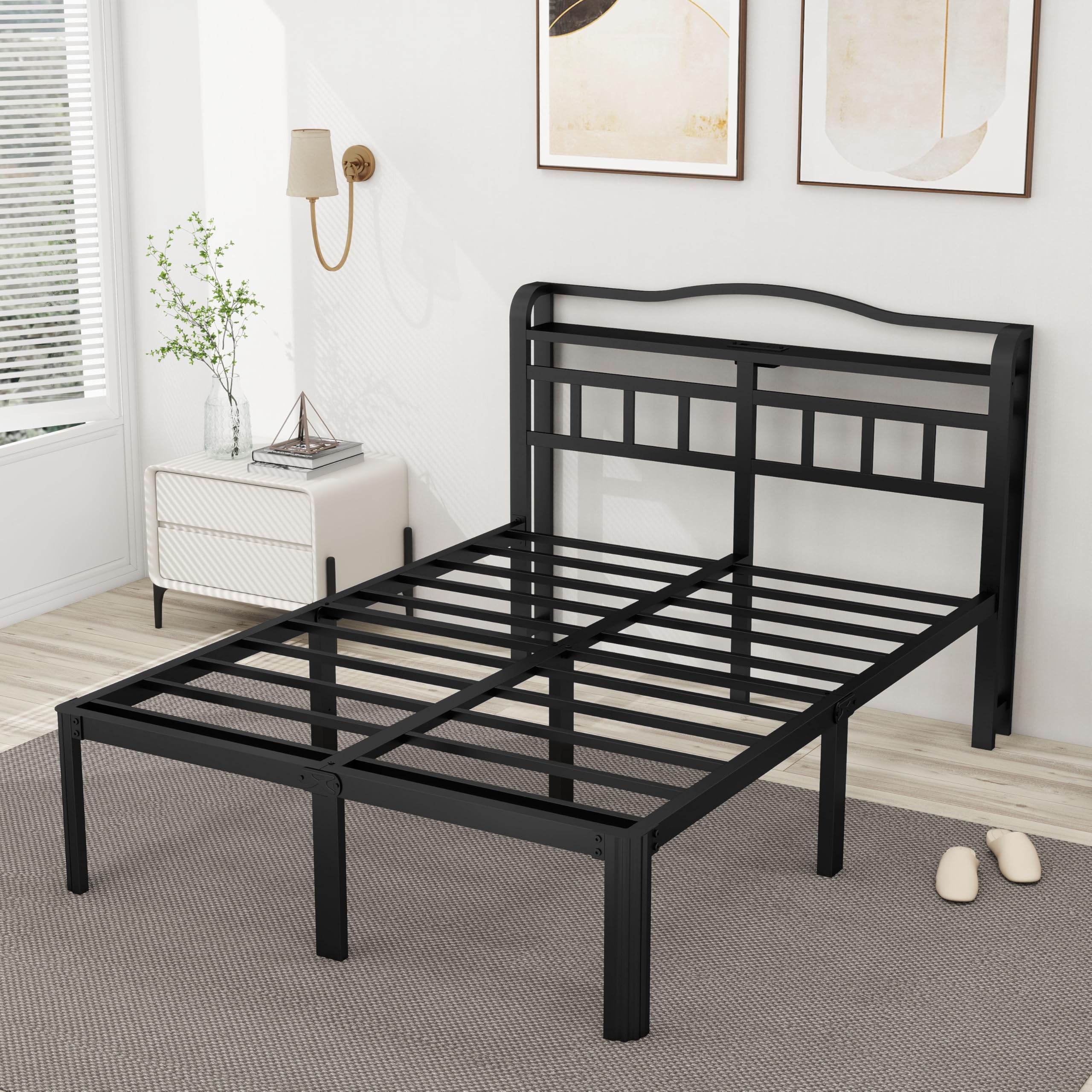 Bed Frame with Charging Station & Headboard 14 Inch Bed Frame