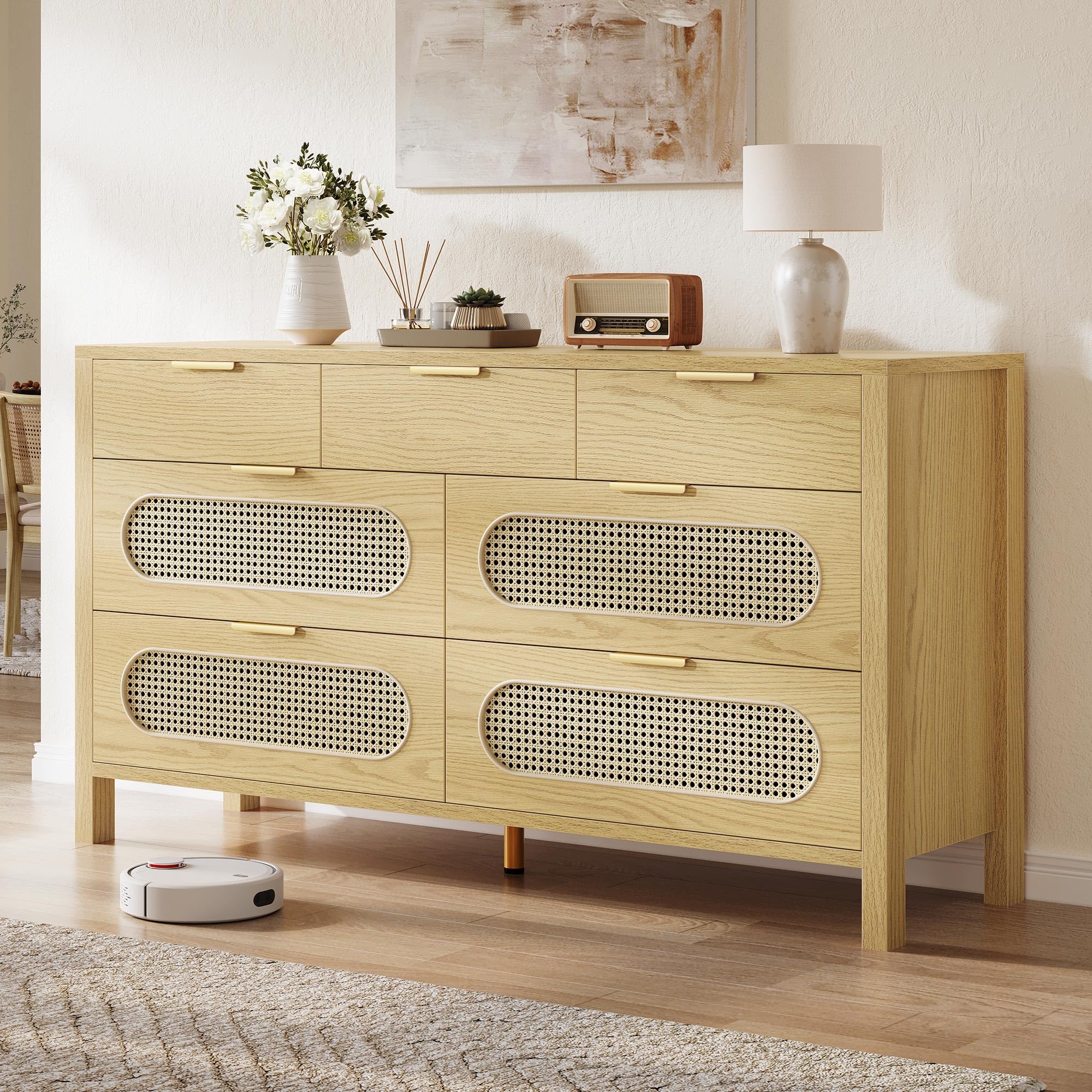 Natural Rattan 7 Drawer Dressers - Oak Wooden Dresser Chest of Drawers