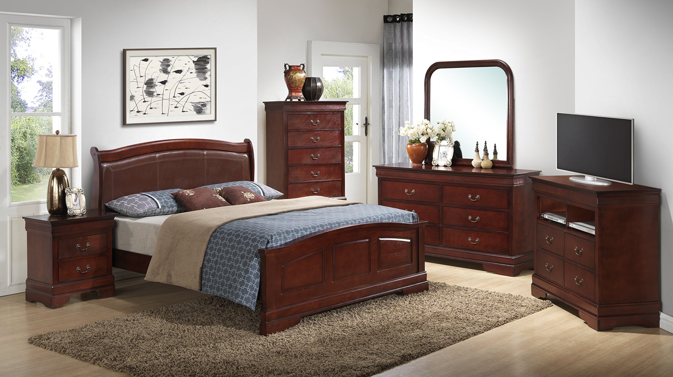Sleigh Bed, Queen, Cherry, 3 boxes