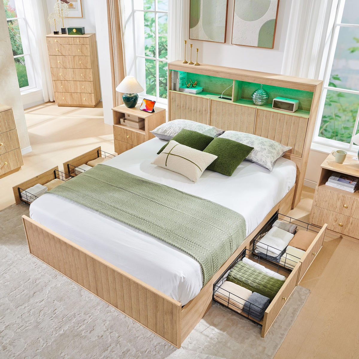 Fluted Platform Bed Frame with Storage Headboard & LED Lights