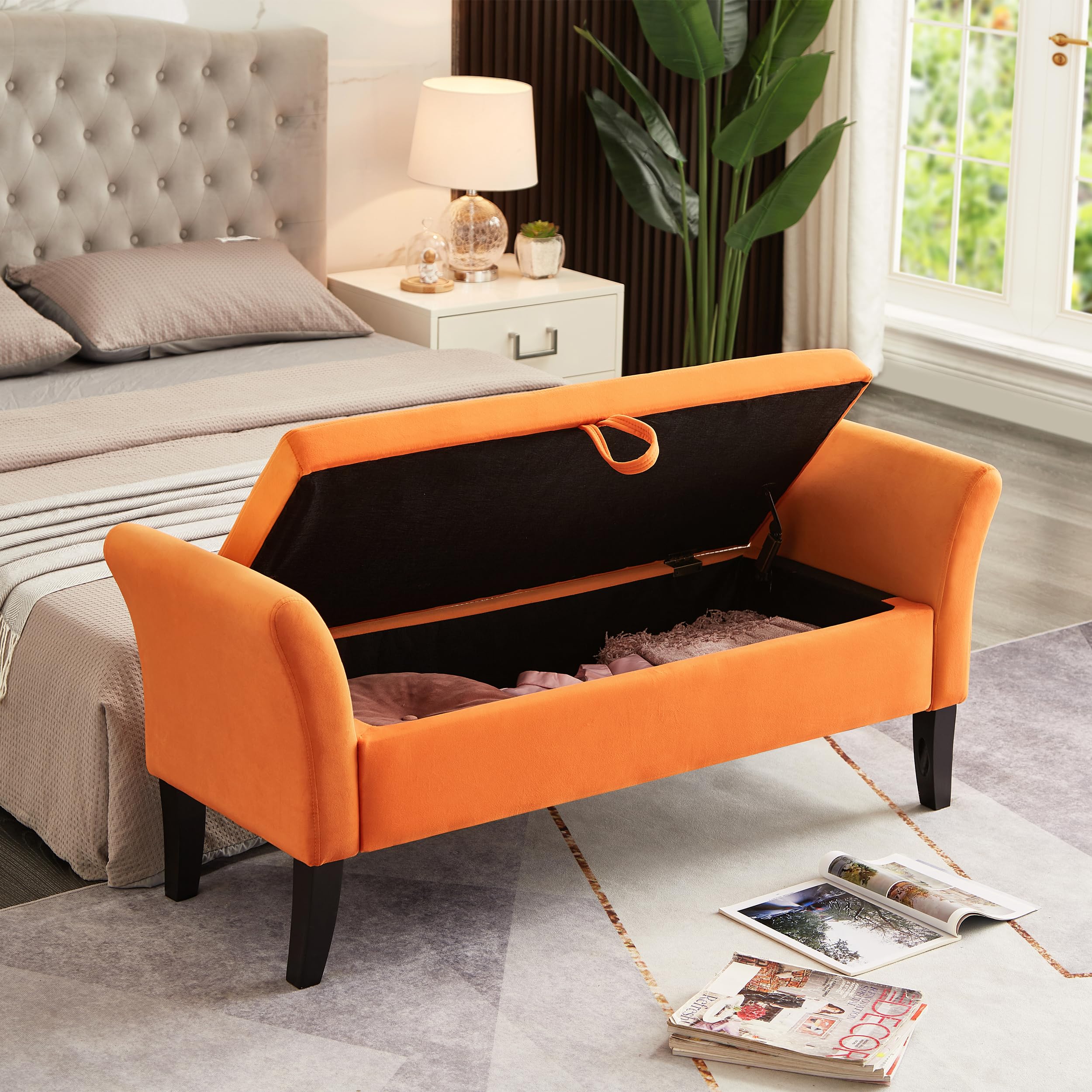 Velvet Storage Ottoman with Curved Arms,Storage Bench with Button-Tufted