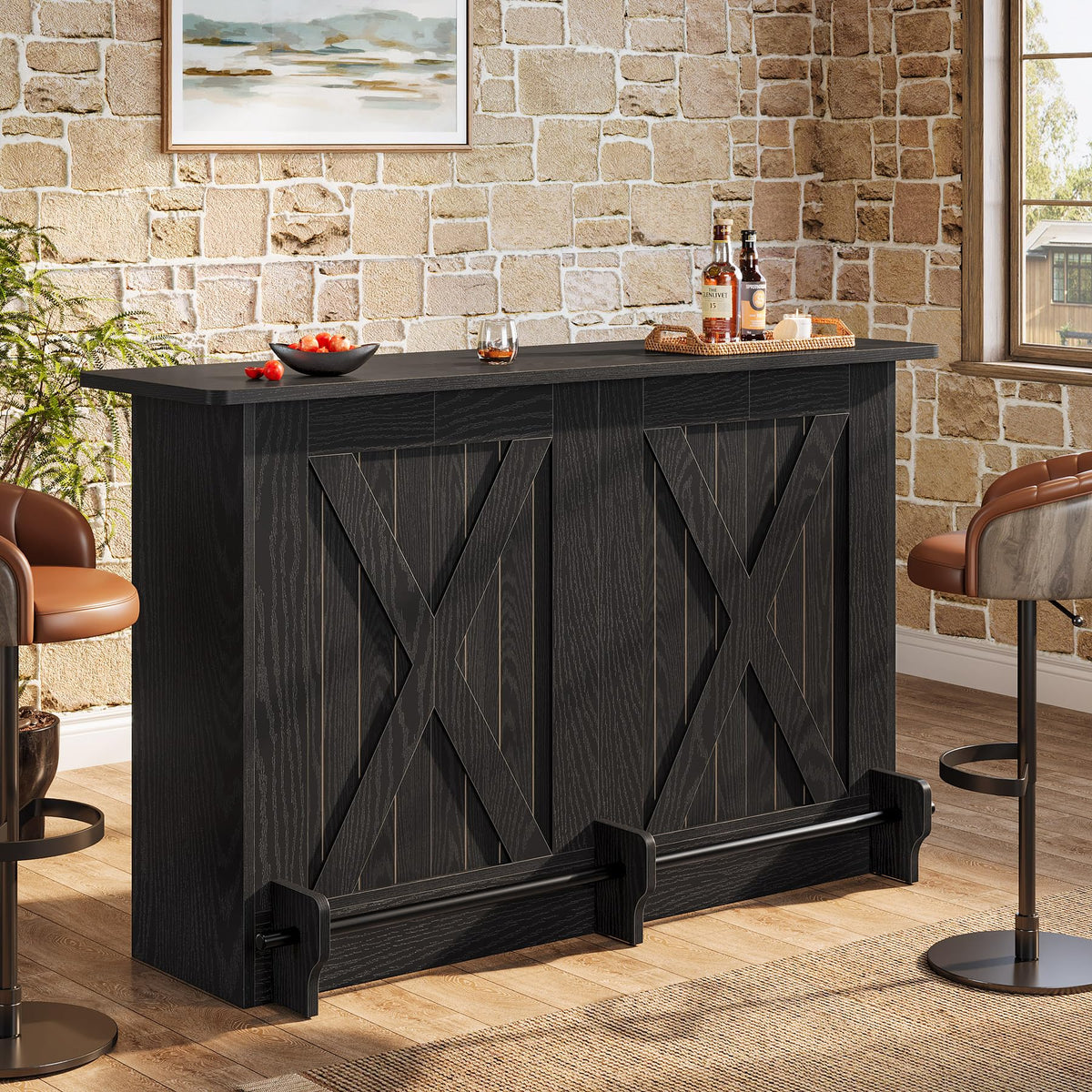 63" Bar Cabinet with 2-Tier Storage and Footrest