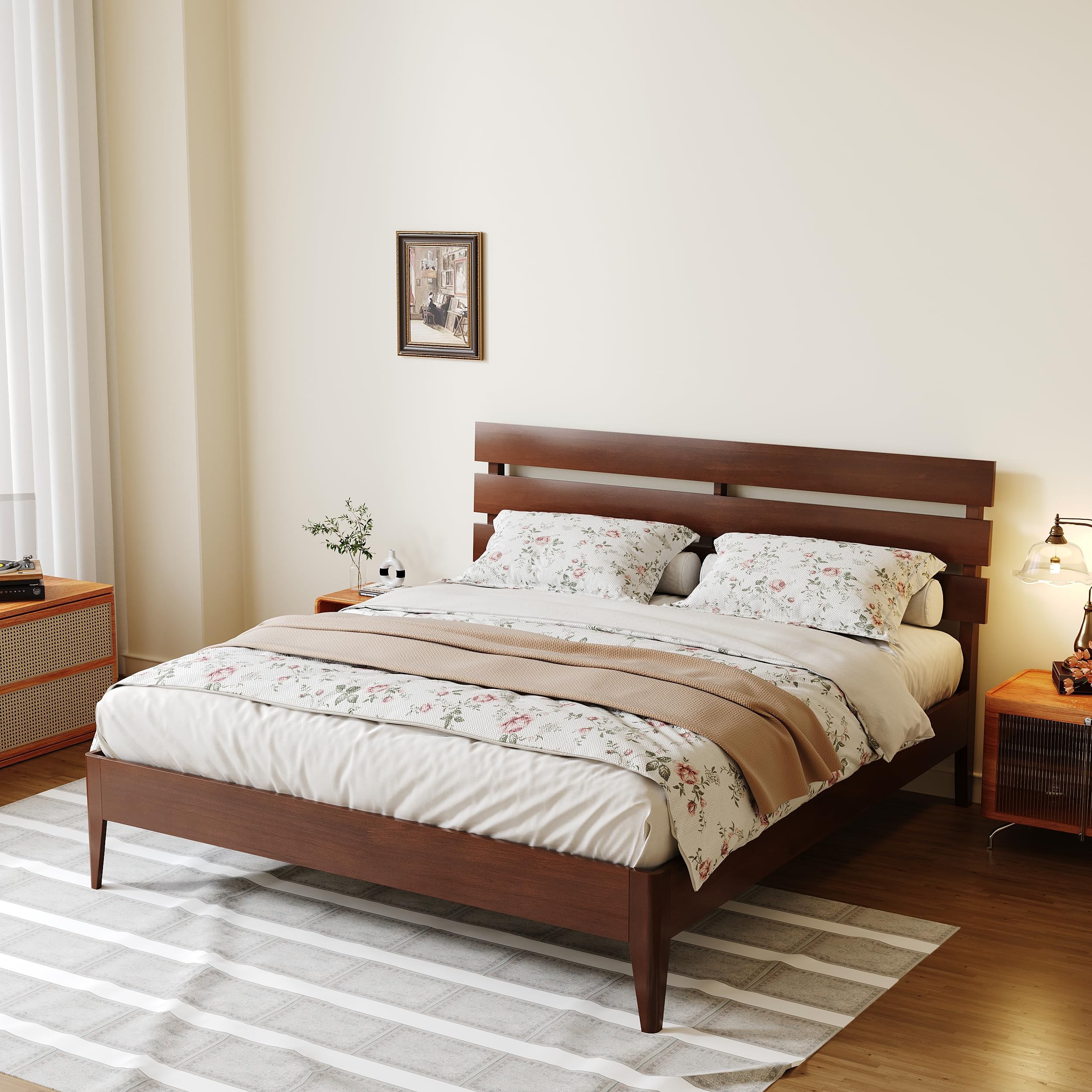 Wood Queen Bed Frame with Headboard, Mid-Century Modern Solid Wood Platform Bed