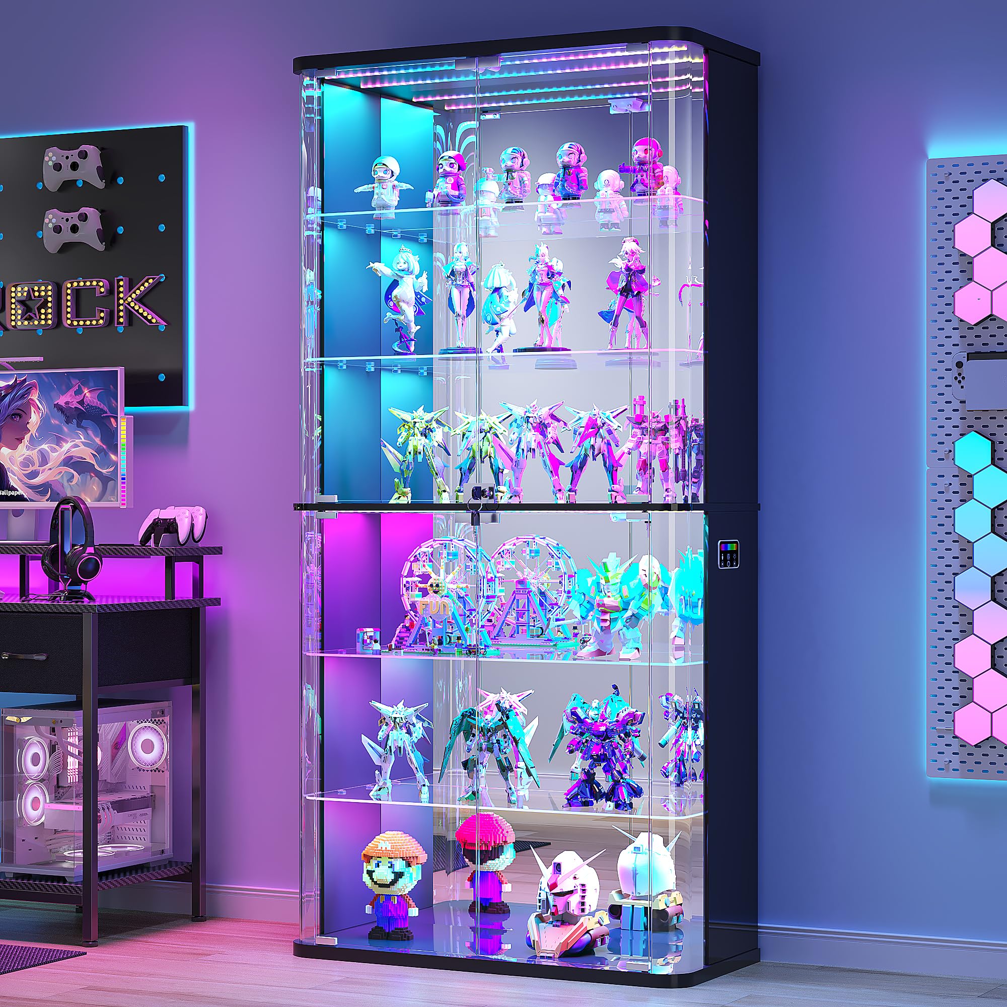 71" Tall Glass Door Display Cabinet with RGB Lights & Motion Sensor