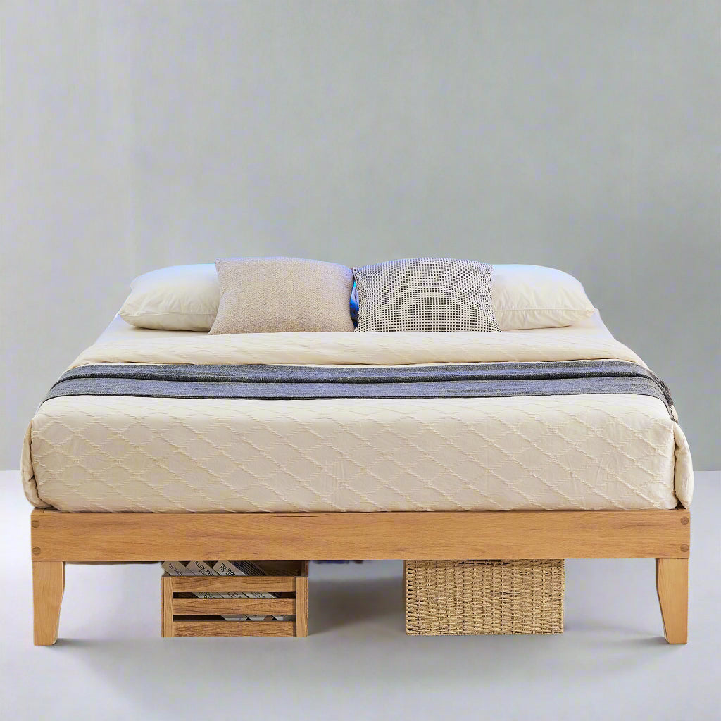 12.4 Inch Deluxe Solid Wood Full Bed Frame with Natural Rattan Headboard