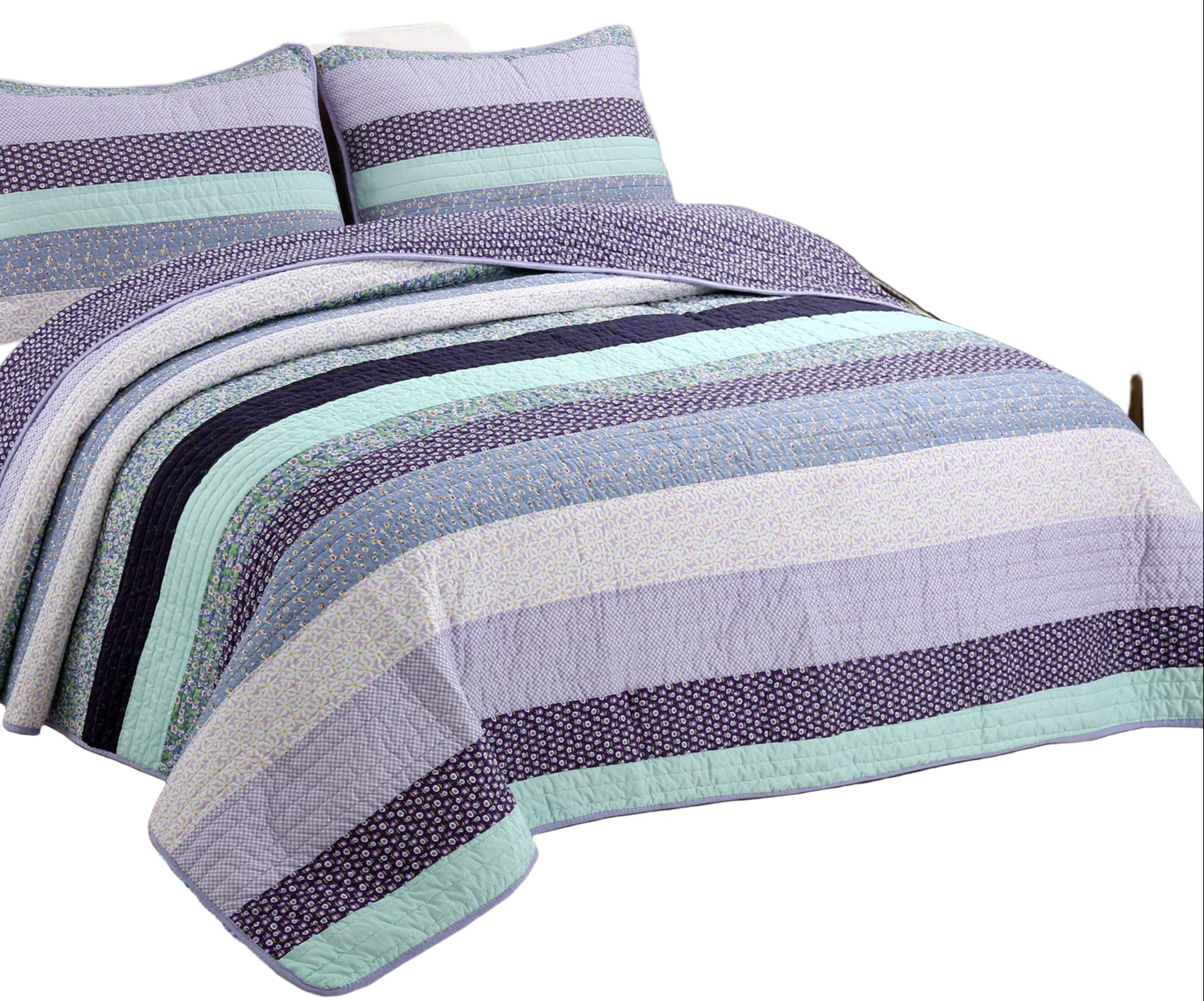 Jeannie Lilac Purple Striped Floral Flower Print Pattern 100% Cotton Quilt Bedding Set