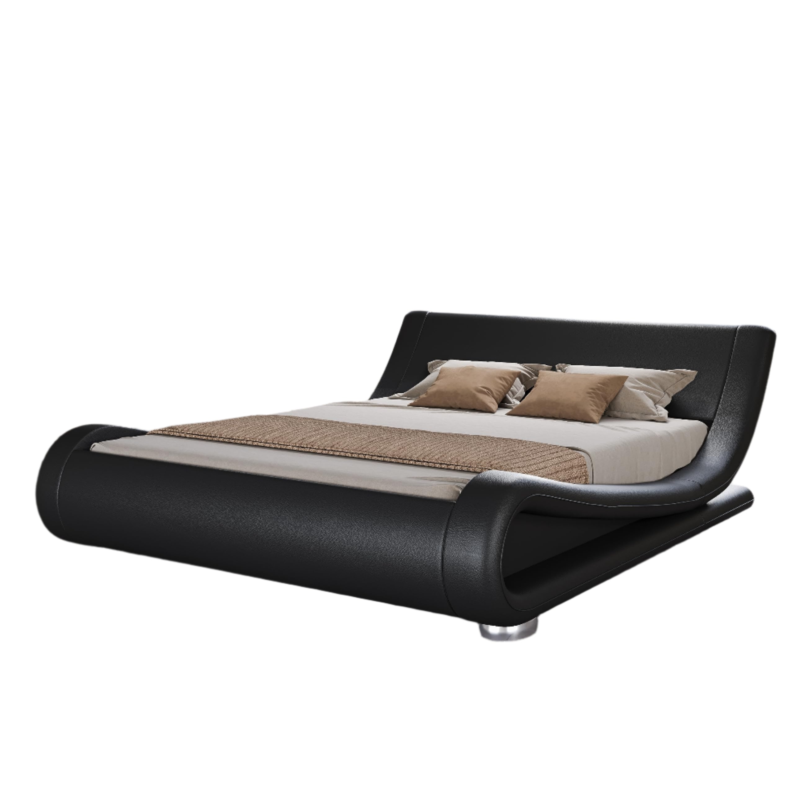 Queen Size Upholstered Bed Frame, Deluxe Low Profile Sleigh Bed with Faux Leather