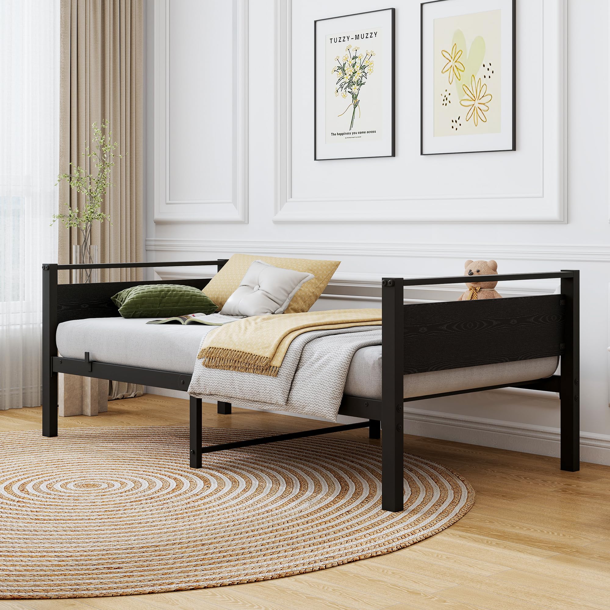 Metal Daybed Frame Twin Size Sofa Bed Frames with Vintage Wood Headboard