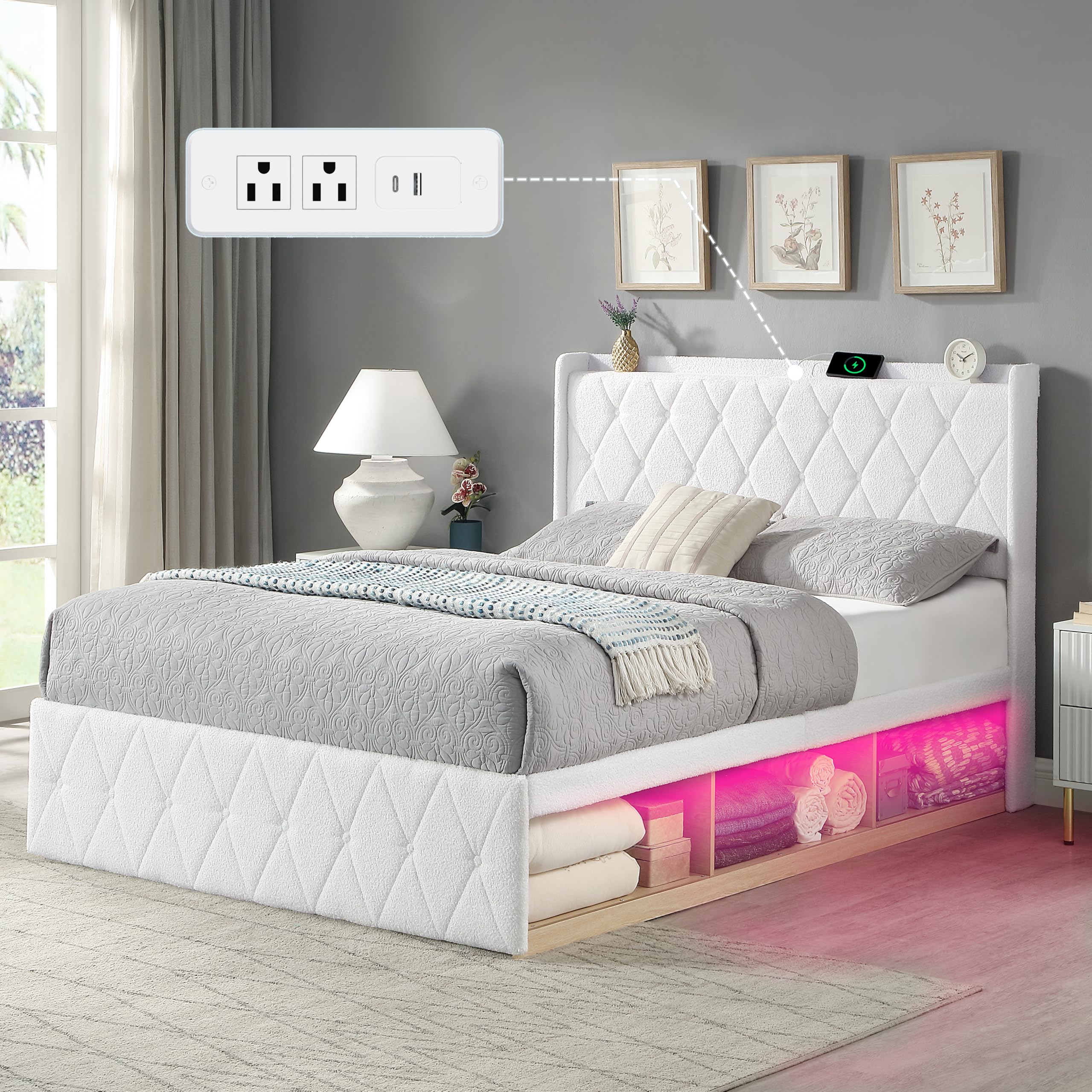 Full Bed Frame with Charging Station and Built-in LED Storage Cabinets