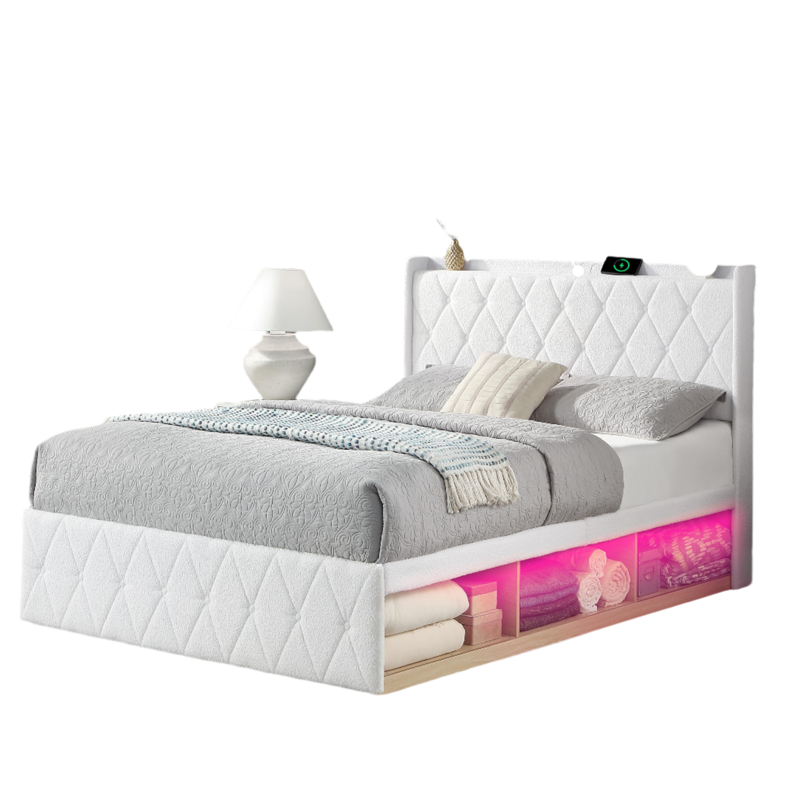 Full Bed Frame with Charging Station and Built-in LED Storage Cabinets