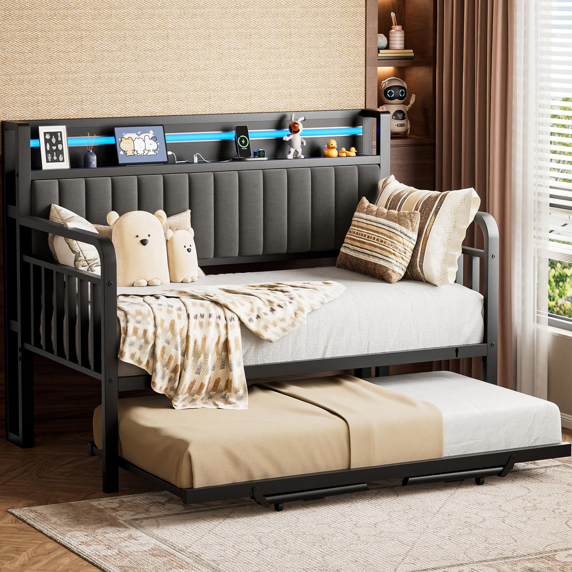 Trundle and LED Light, Heavy Duty Metal Twin Bed Frame