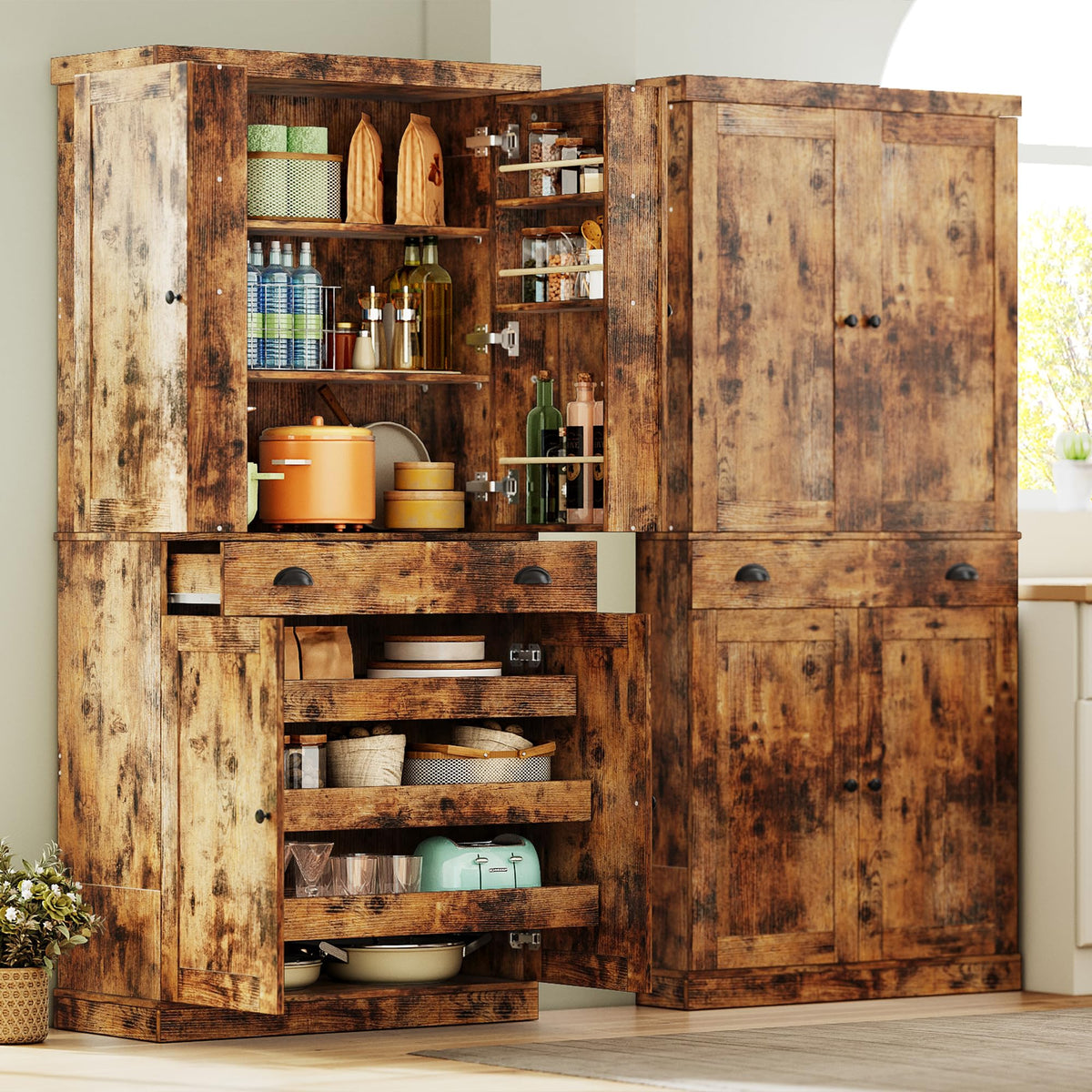 Freestanding Kitchen Pantry Cabinet with Drawer & Sliding Shelves