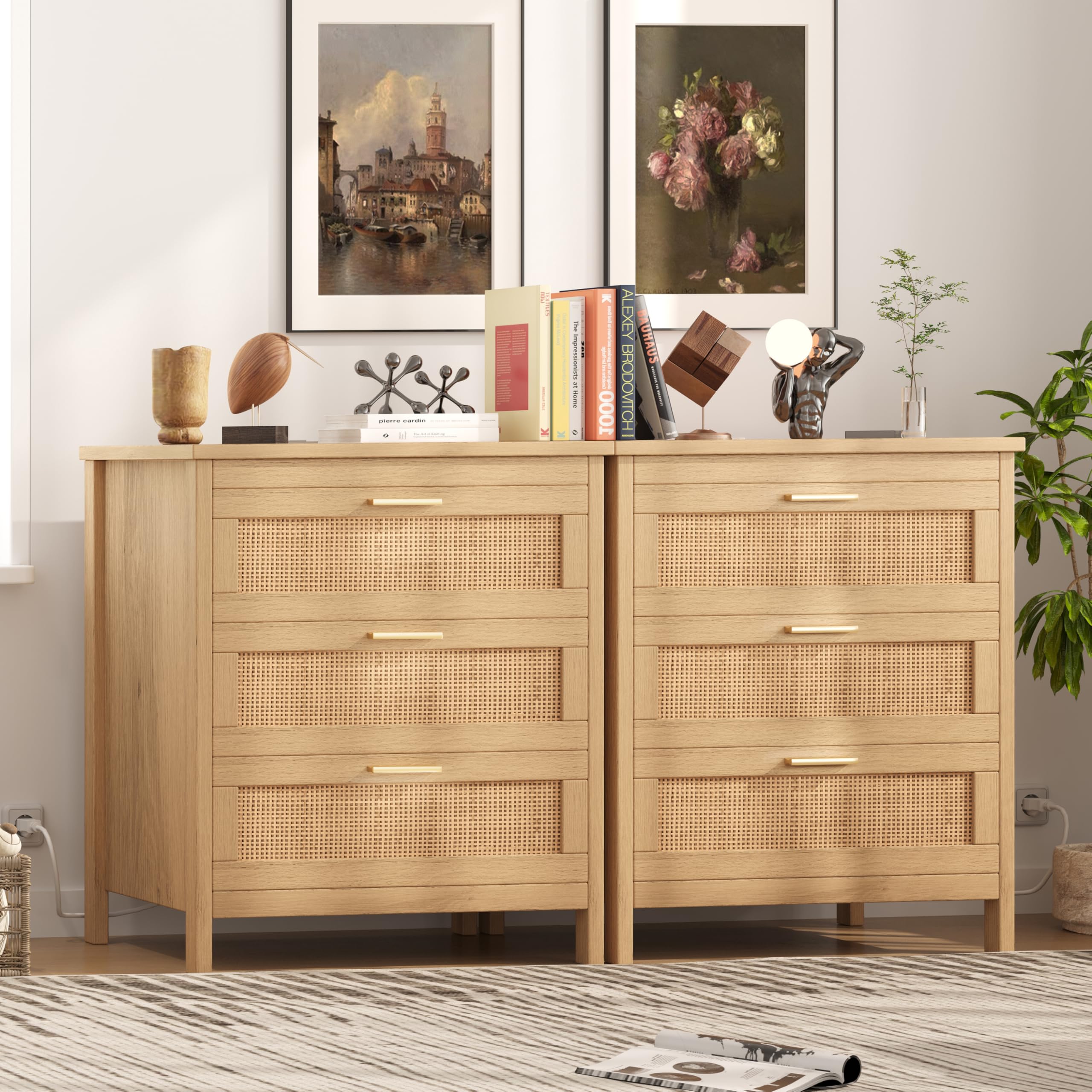 Rattan Nightstand with Charging Station, Bedside Table with 3 Drawers