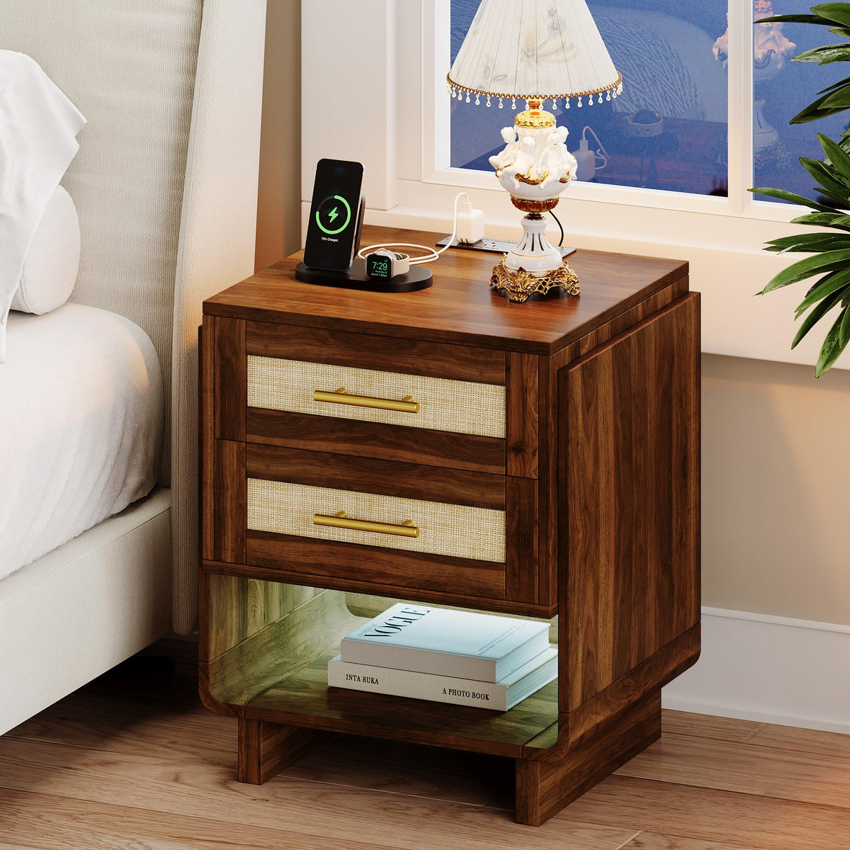 Farmhouse Nightstand with Charging Station & 2 Drawers