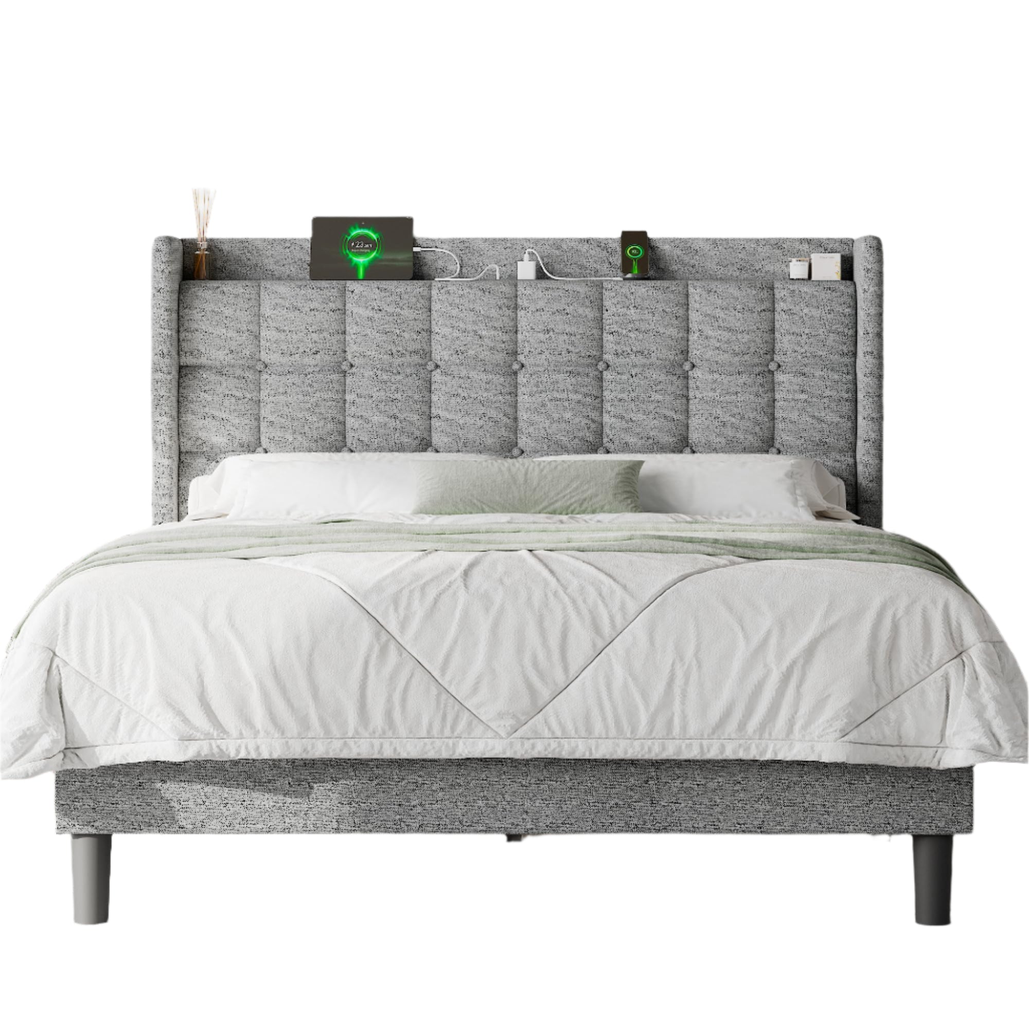 Queen Bed Frame with Charging Station, Upholstered Platform Bed